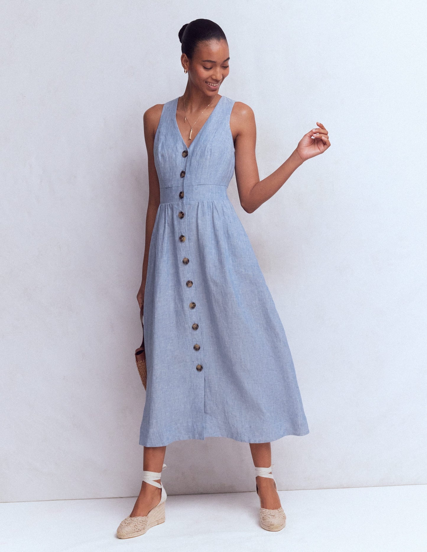 Catherine Button Linen Dress-Chambray