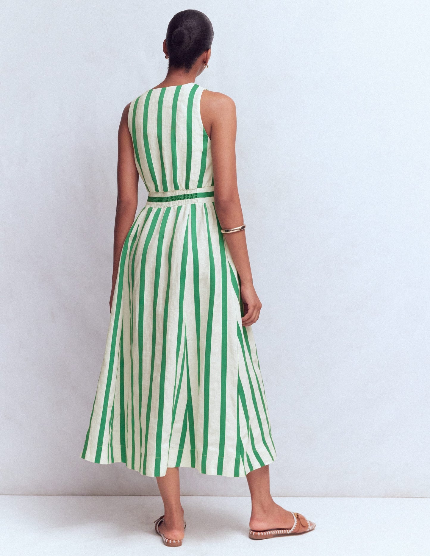 Catherine Button Linen Dress-Ivory and Green Satin Stripe