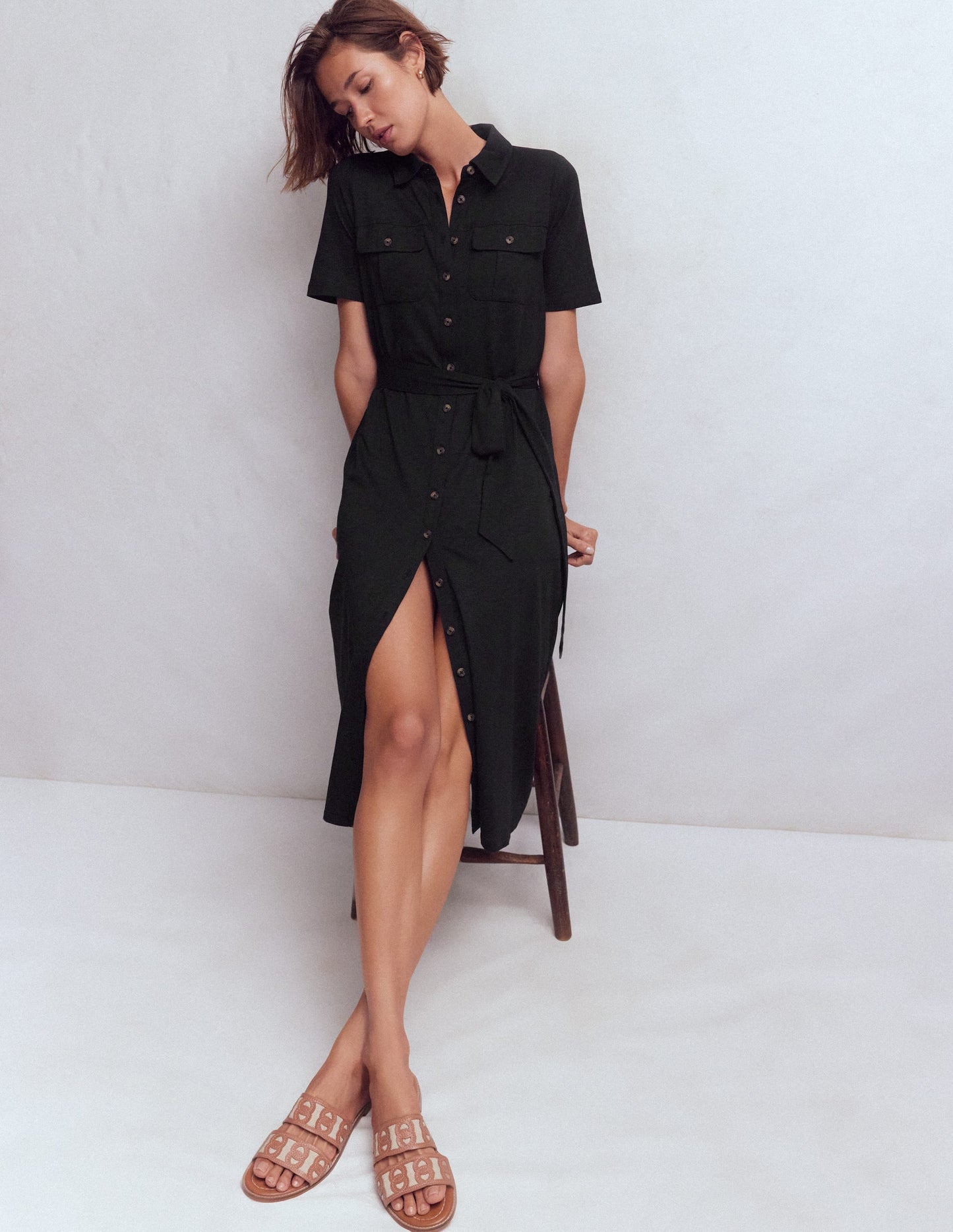Mavis Midi Jersey Shirt Dress-Black