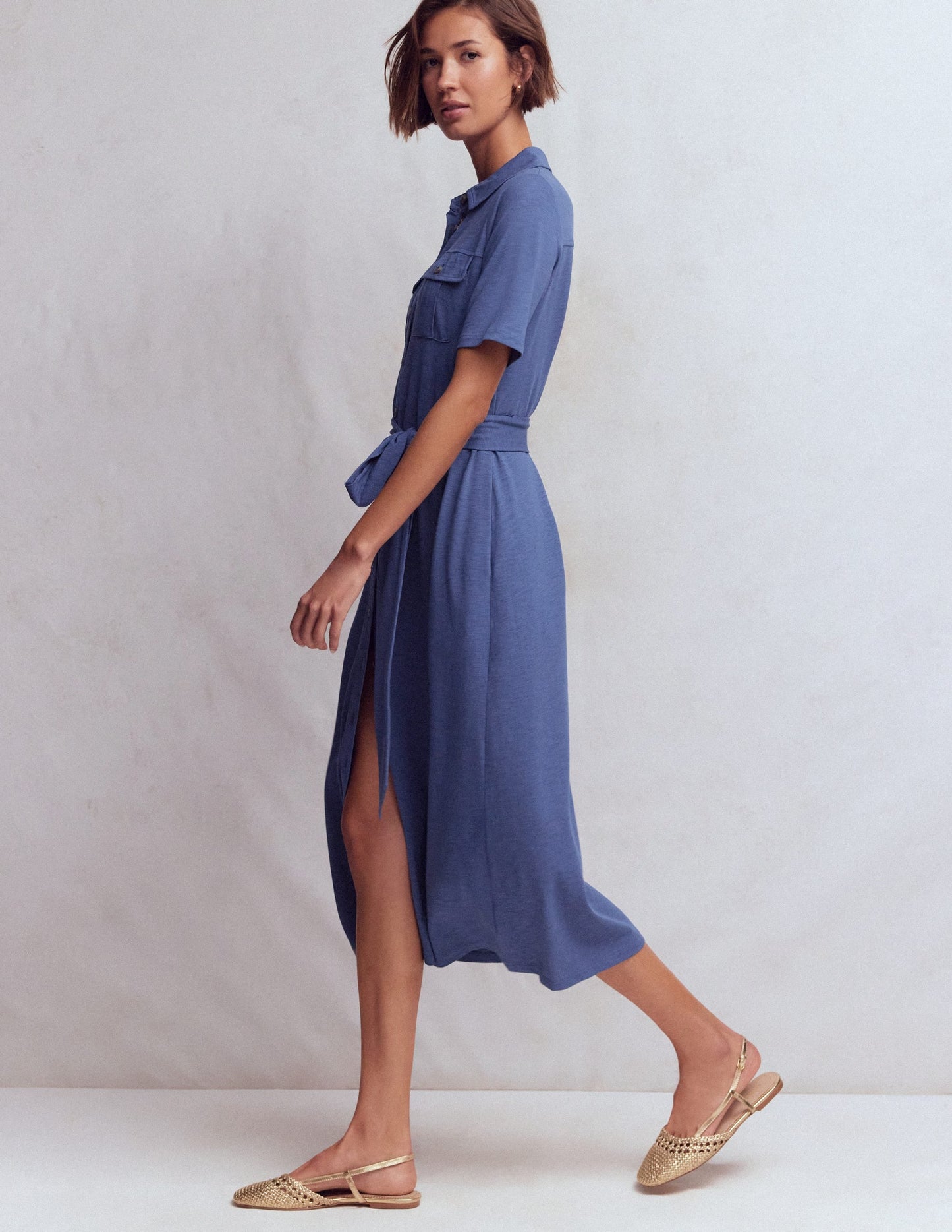 Mavis Midi Jersey Shirt Dress-Denim Blue