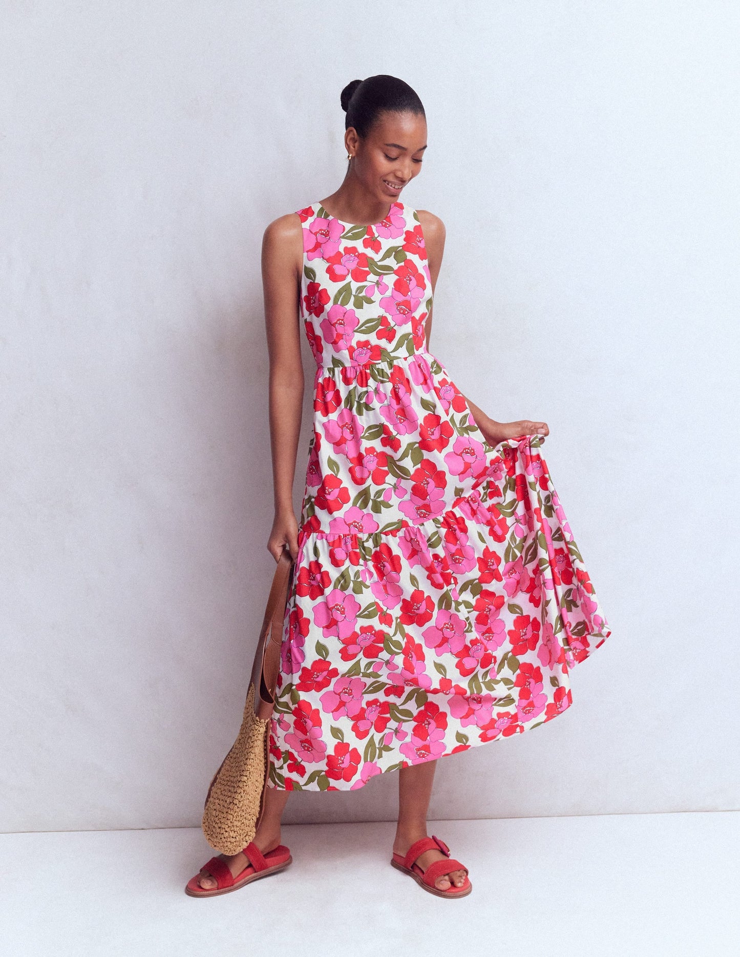 Sleeveless Poplin Dress-Red, Radiant Bloom