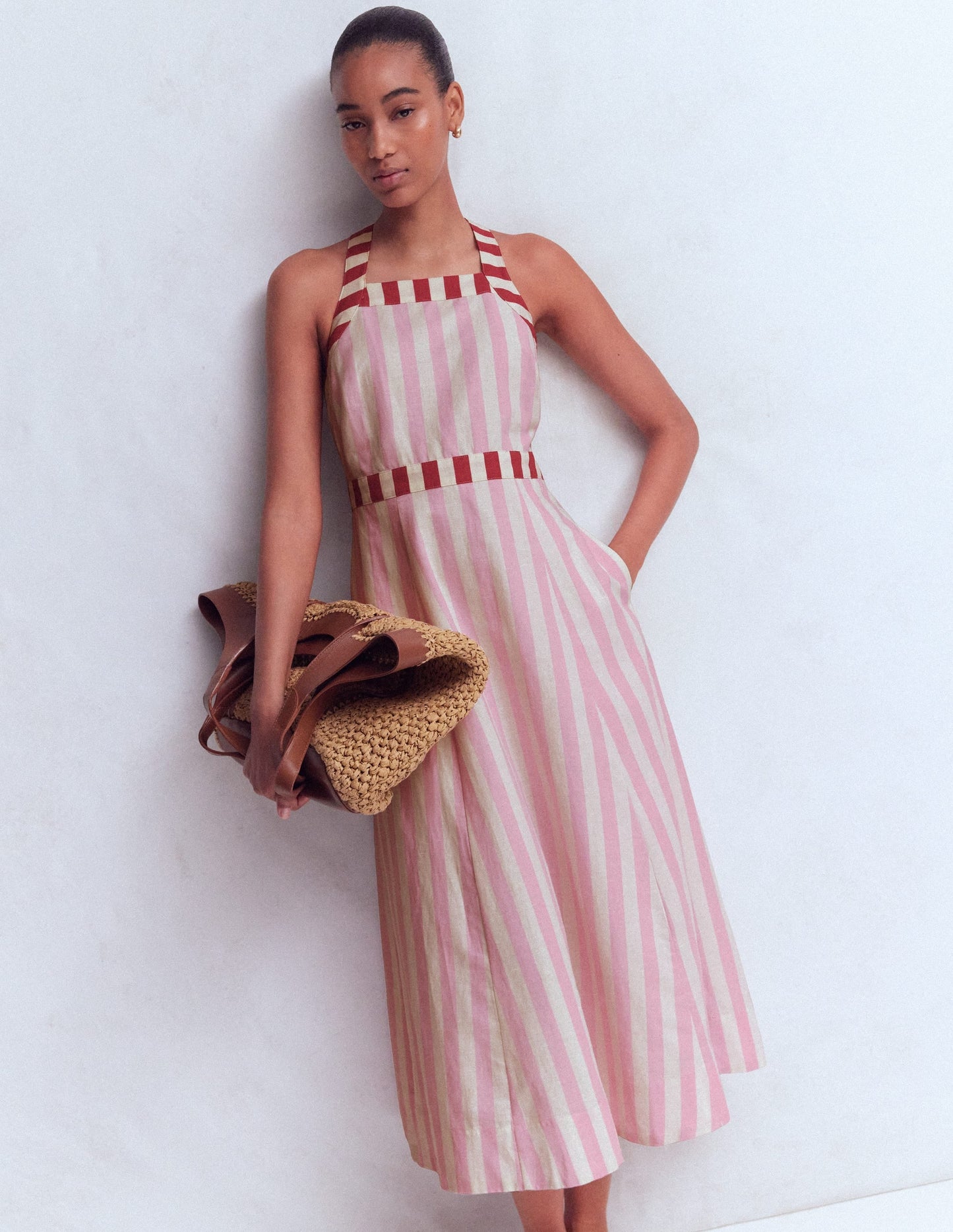 Cross-back Linen Blend Dress-Orchid Pink Stripe