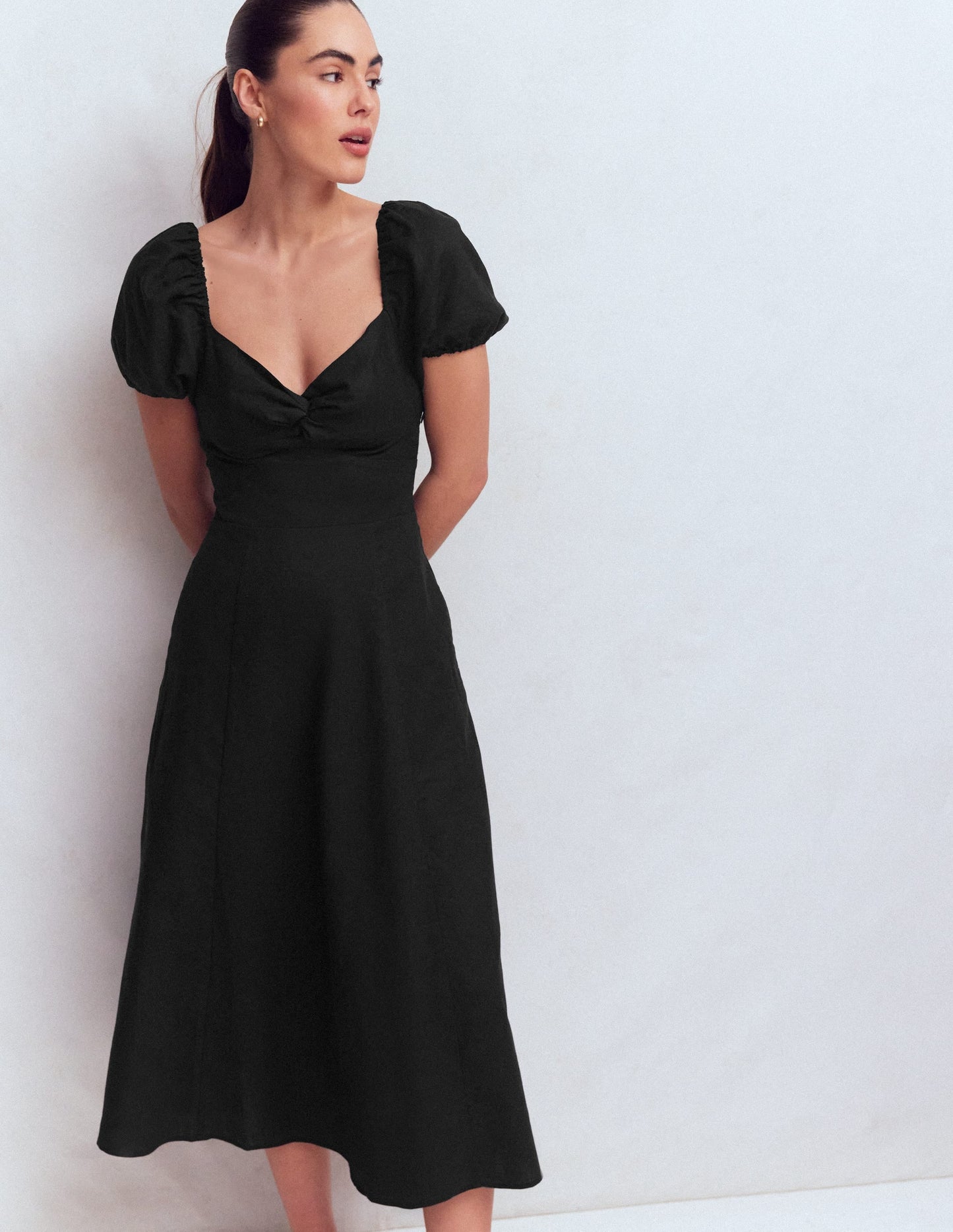 Twist Front Linen Blend Dress-Black