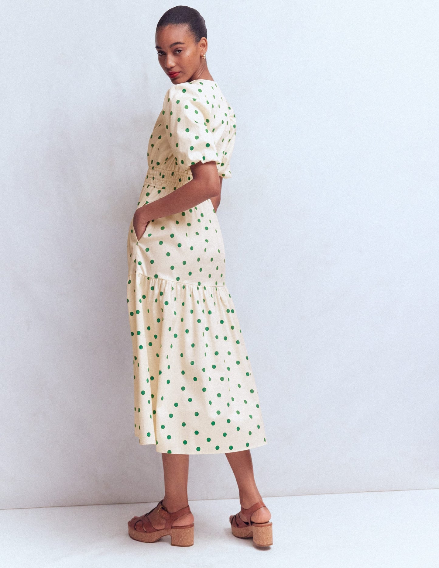 Irene Puff Sleeve Cotton Dress-Papyrus, Painted Dot Spaced