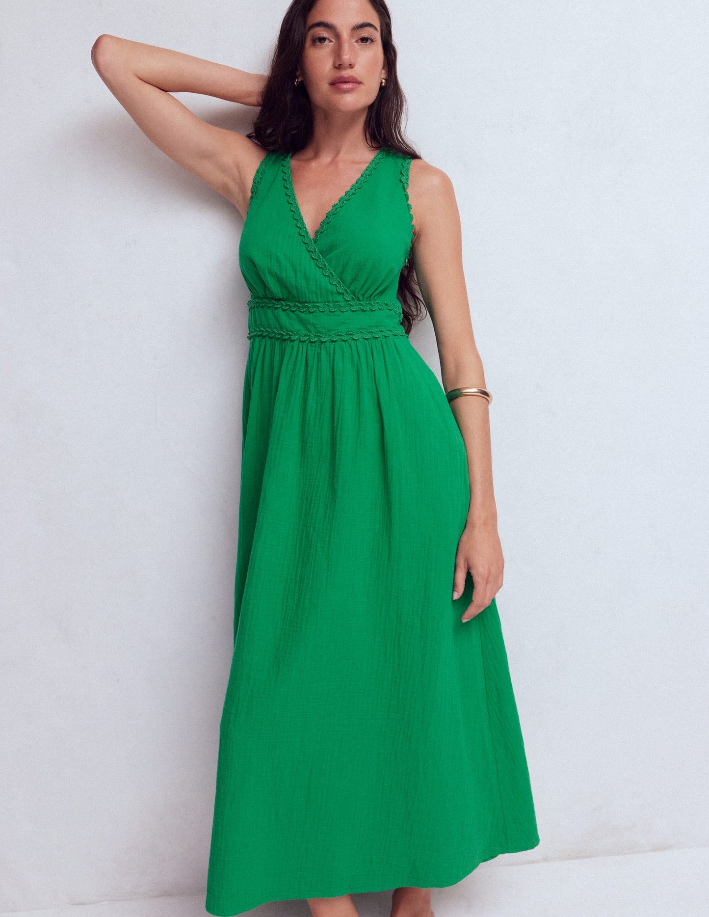 Lorna Trim Double Cloth Dress-Rich Emerald