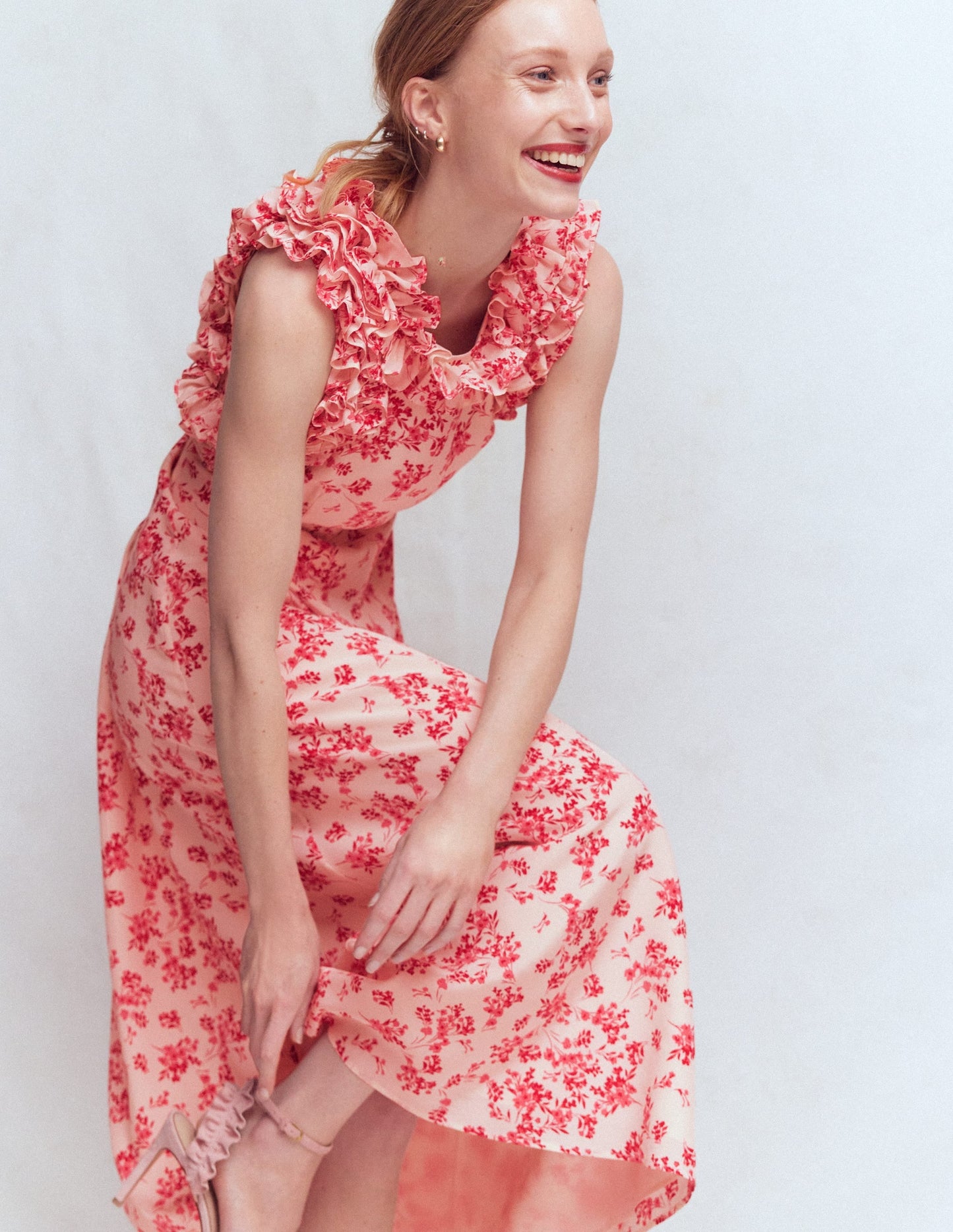 Ruffle Silk Midi Dress-Pink Bloom Scatter Mono
