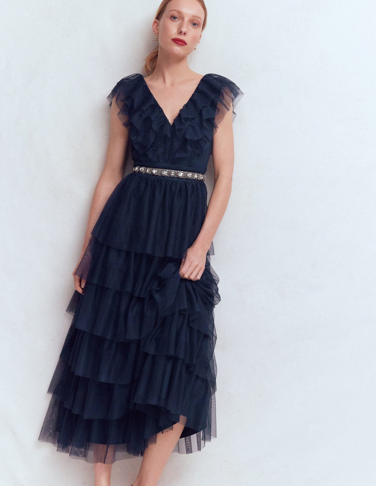 Ruffle Tulle Tiered Dress-Navy