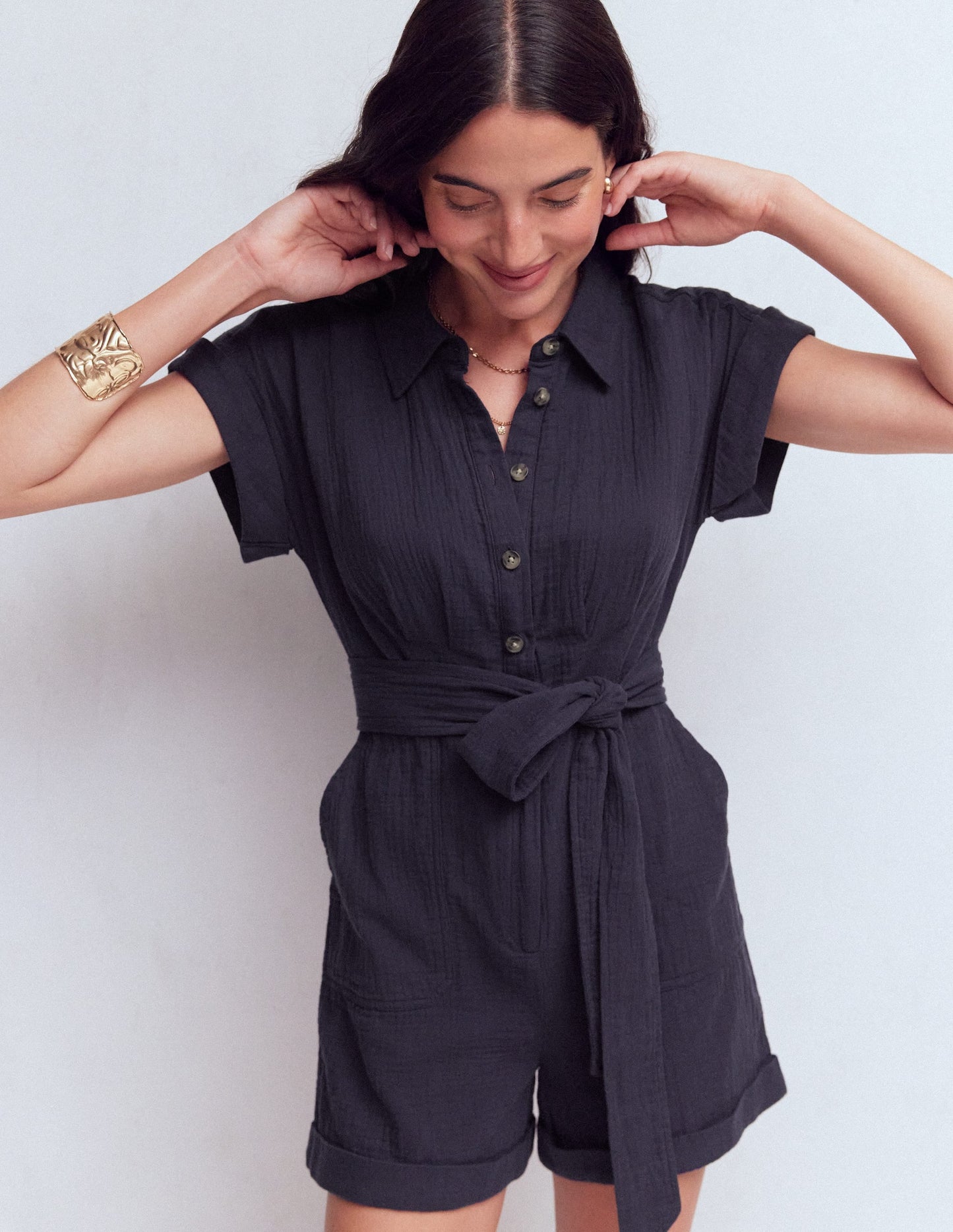 Kay Double Cloth Playsuit-Navy