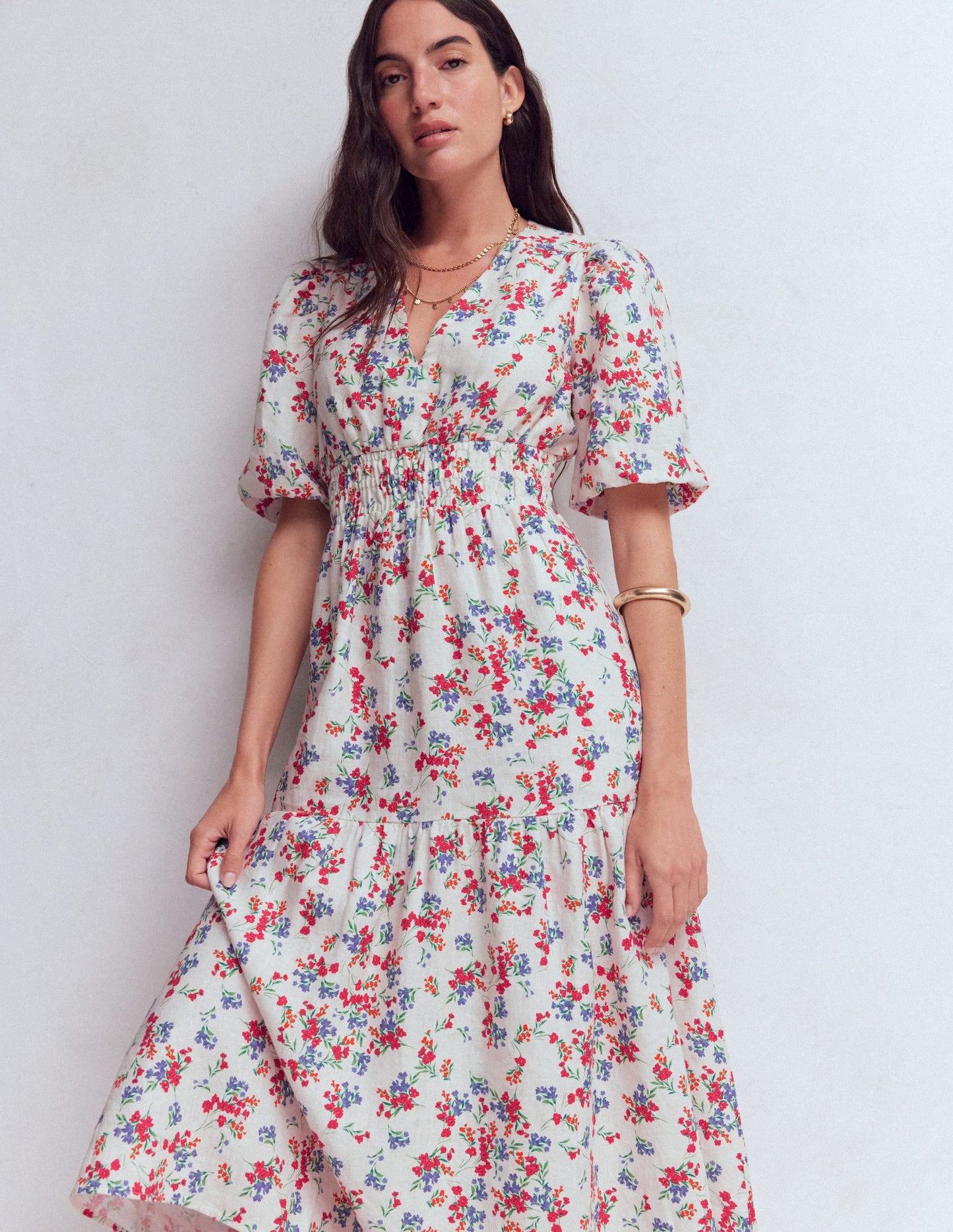 Irene Linen Midi Dress-Ivory, Bloom Scatter
