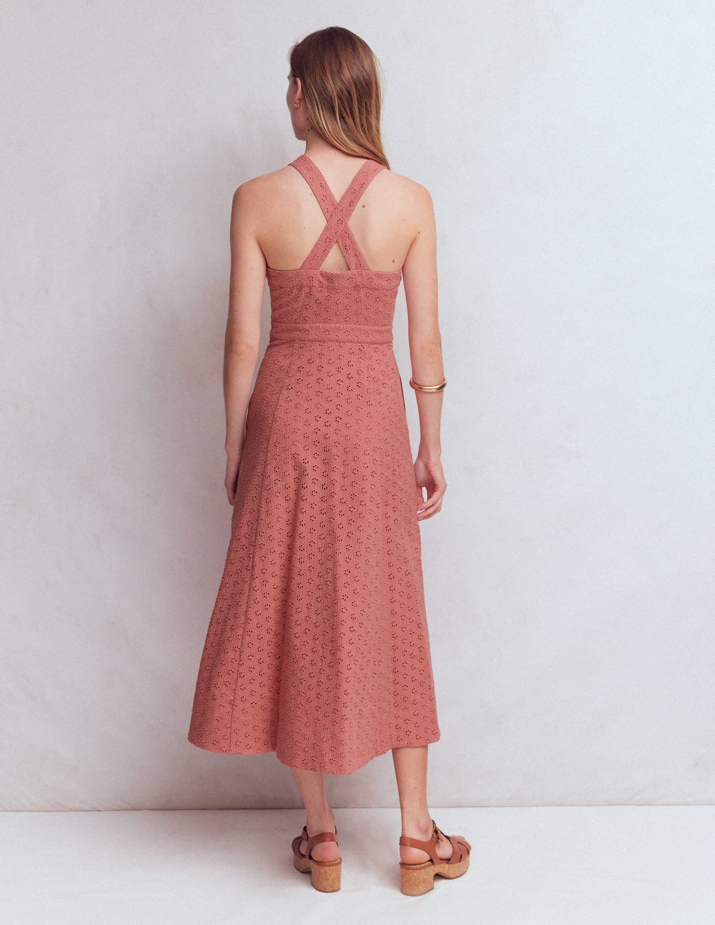 Cross Back Broderie Midi Dress-Vintage Rose Broderie