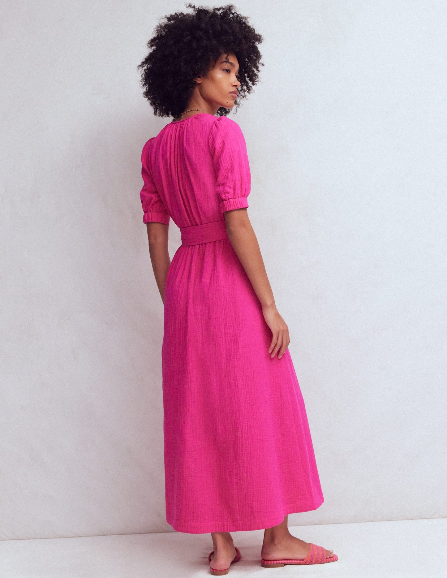 Double Cloth Puff Sleeve Dress-Bright Pink