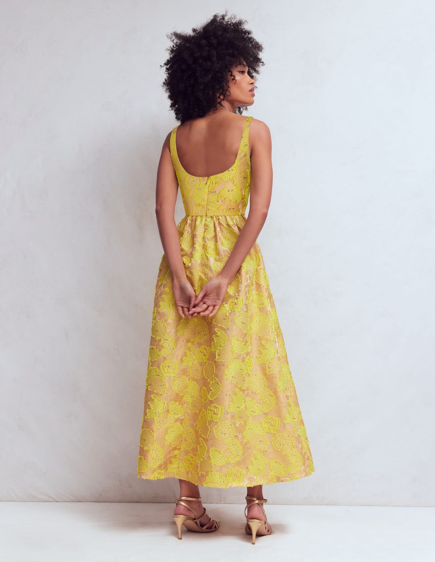 Scoop Neck Fit and Flare Dress-Yellow Jacquard