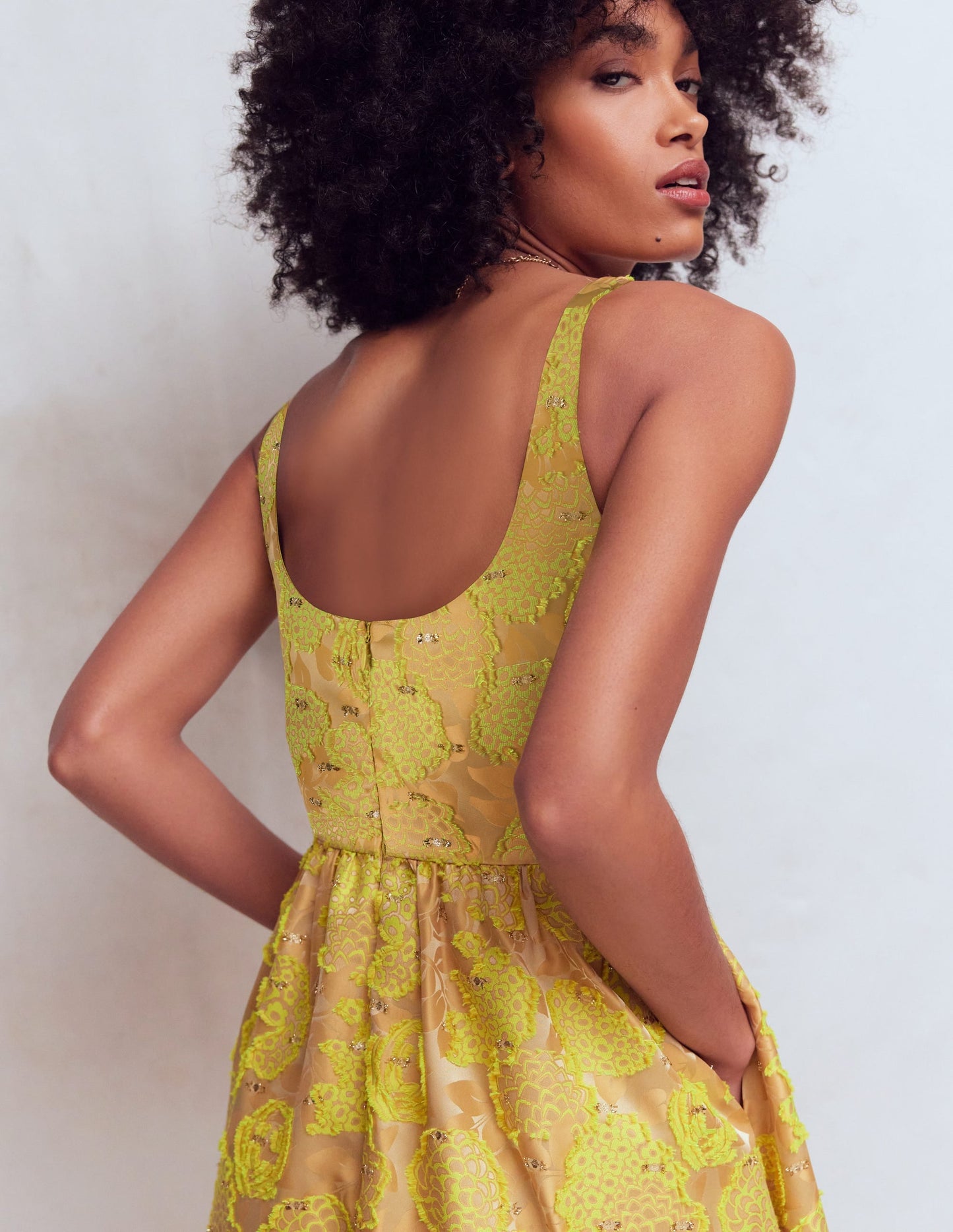 Scoop Neck Fit and Flare Dress-Yellow Jacquard