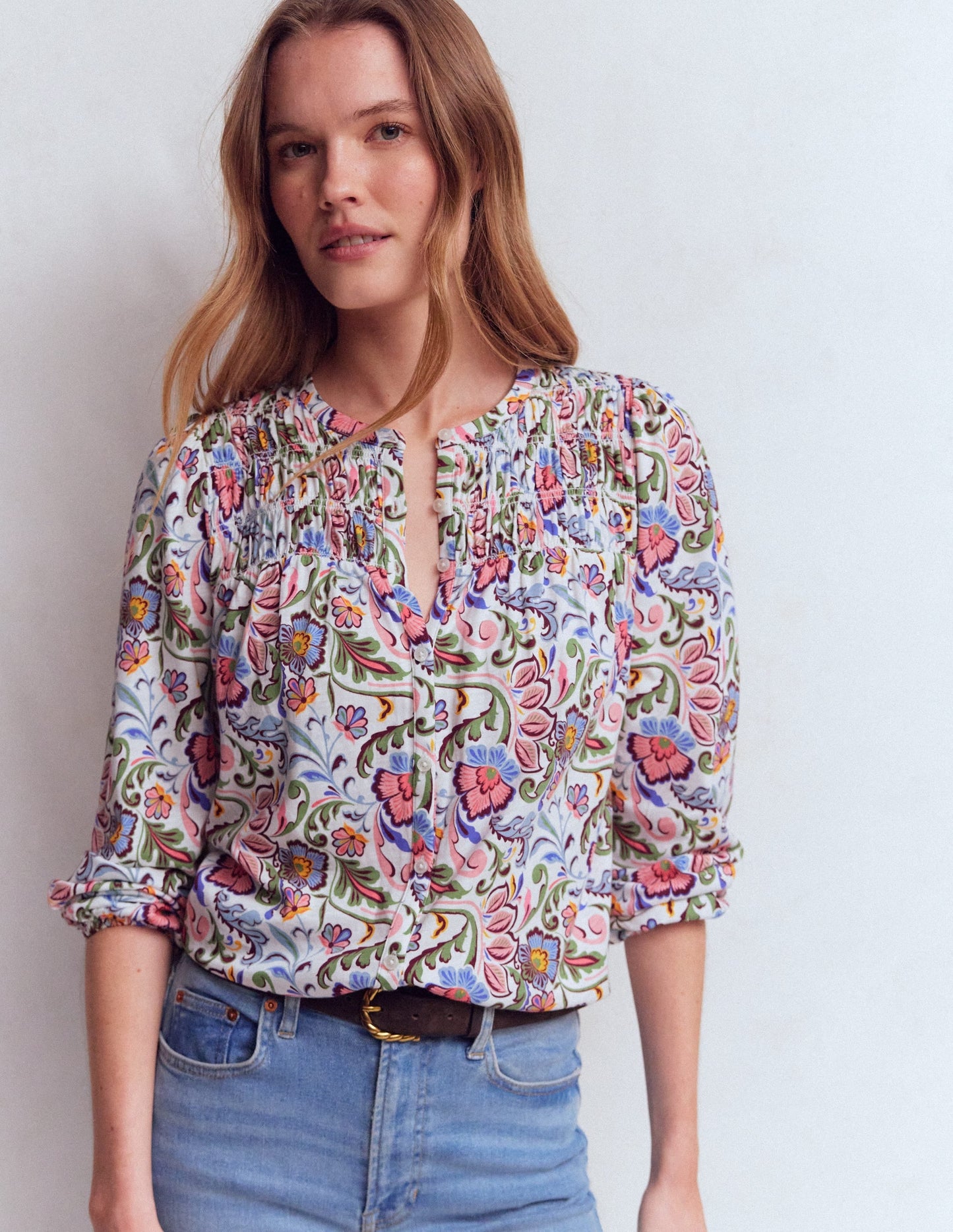 Mya Smocked Jersey Shirt-Multi, Flourishing Meadow