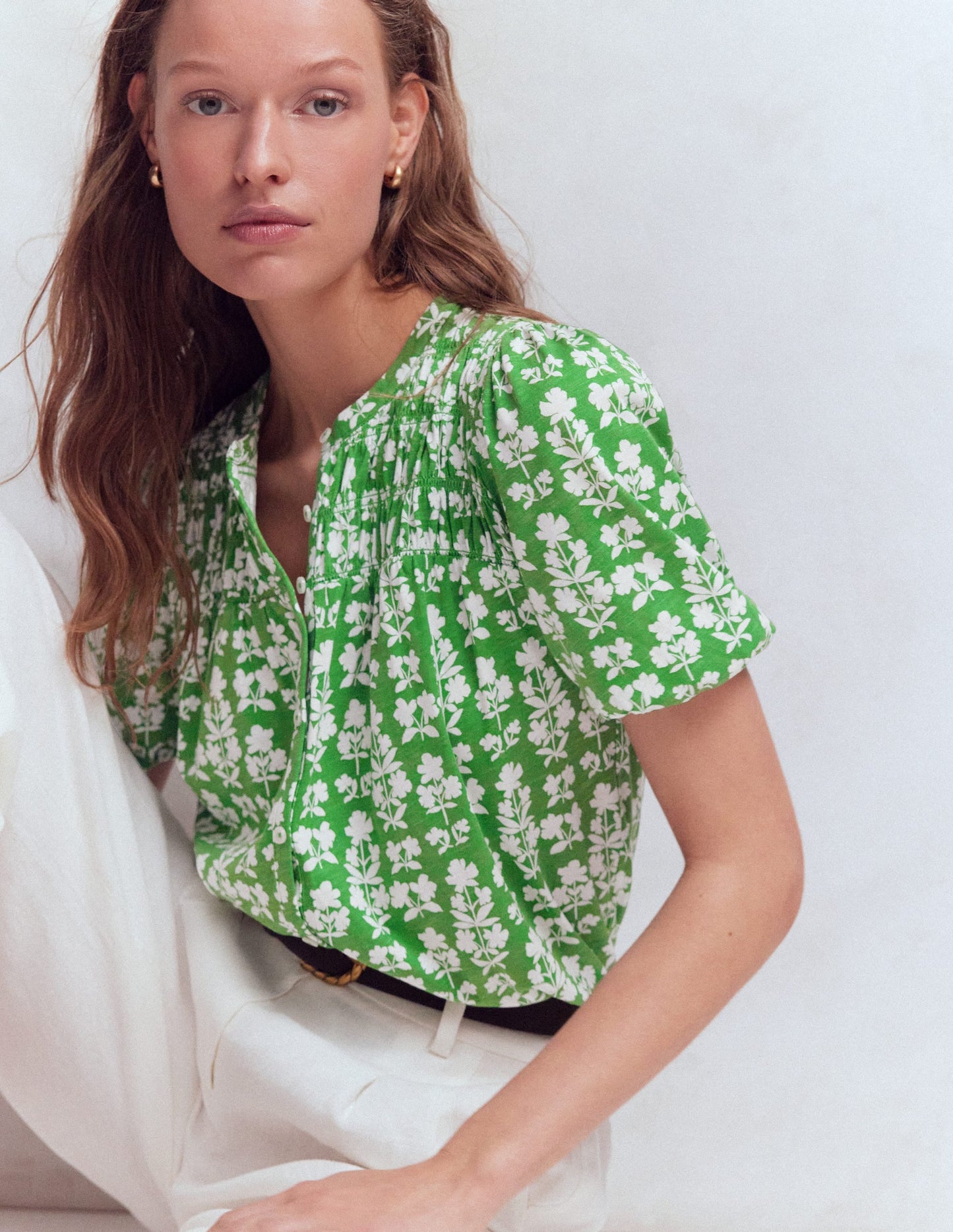 Mya Short Sleeve Smocked Shirt-Mint Green, Blossom grove