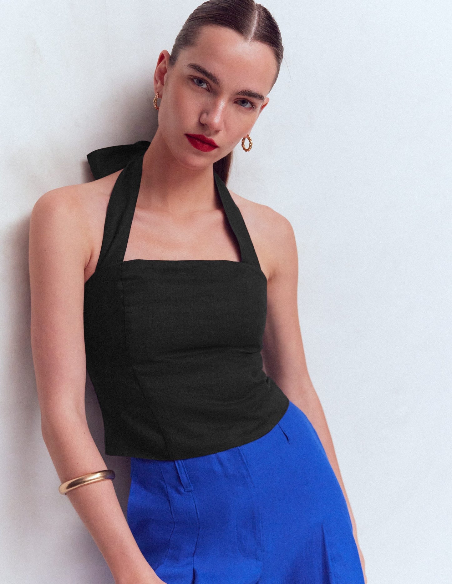 Halterneck Linen Top-Black