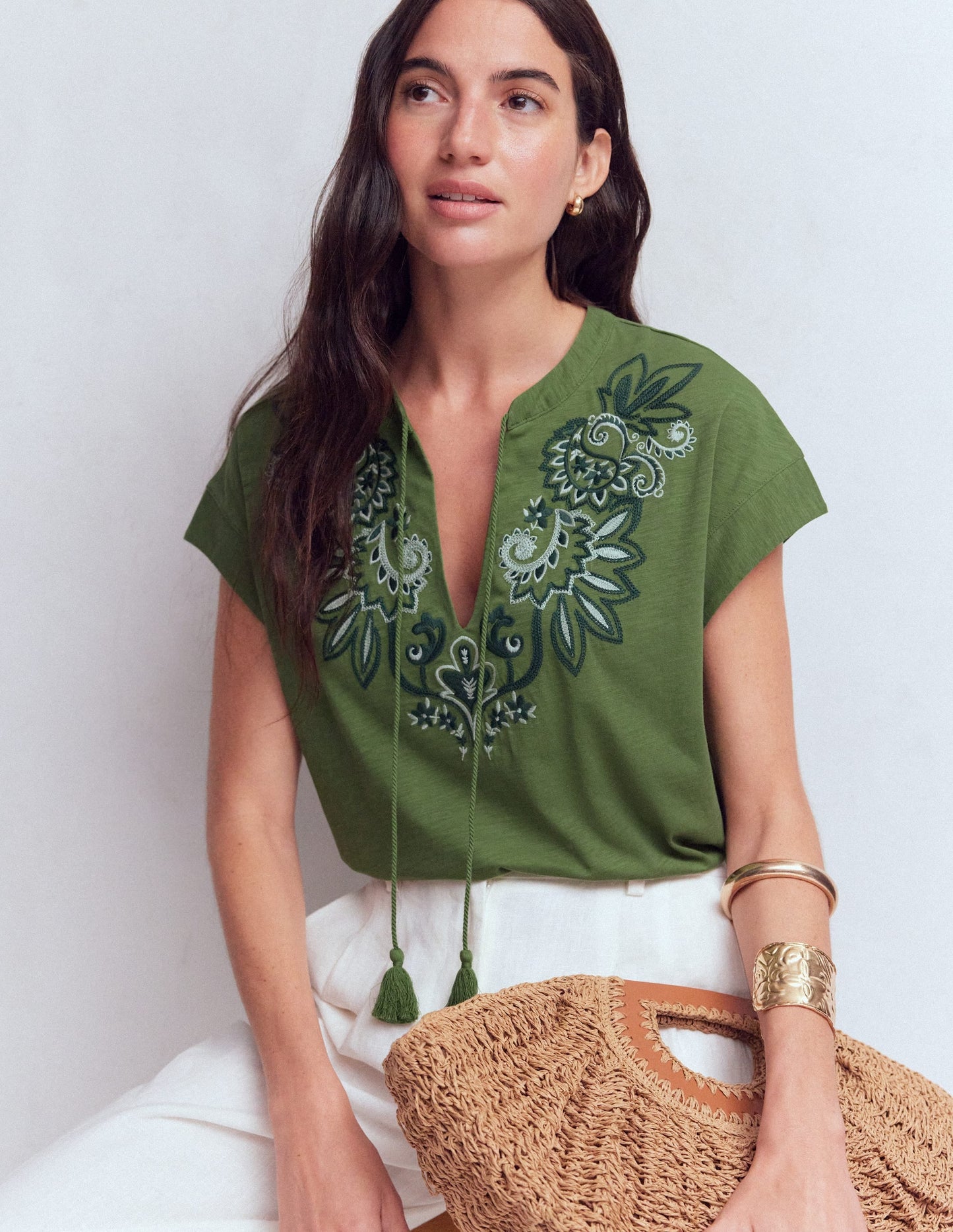 Nina Embroidered Notch T-shirt-Safari Green