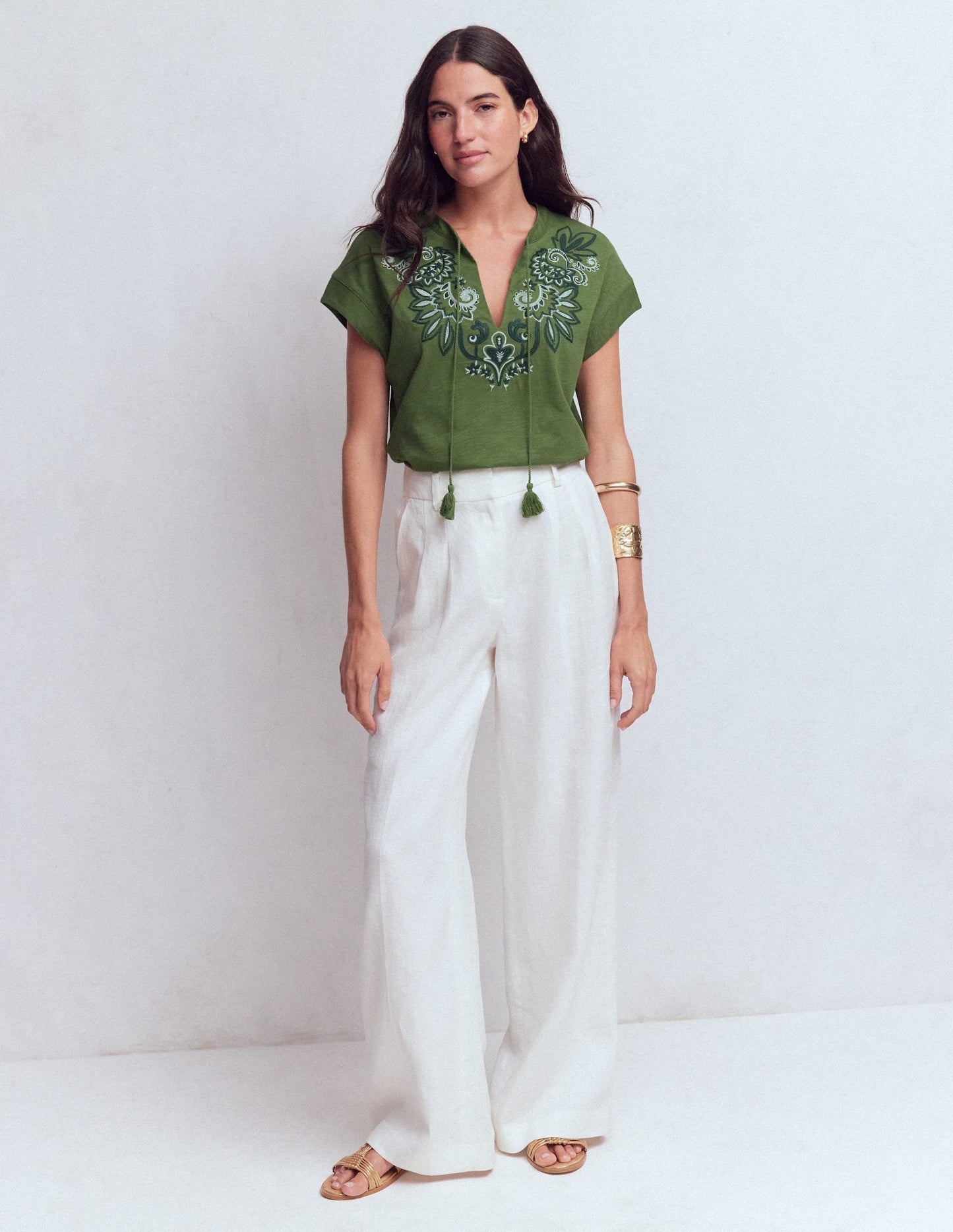 Nina Embroidered Notch T-shirt-Safari Green