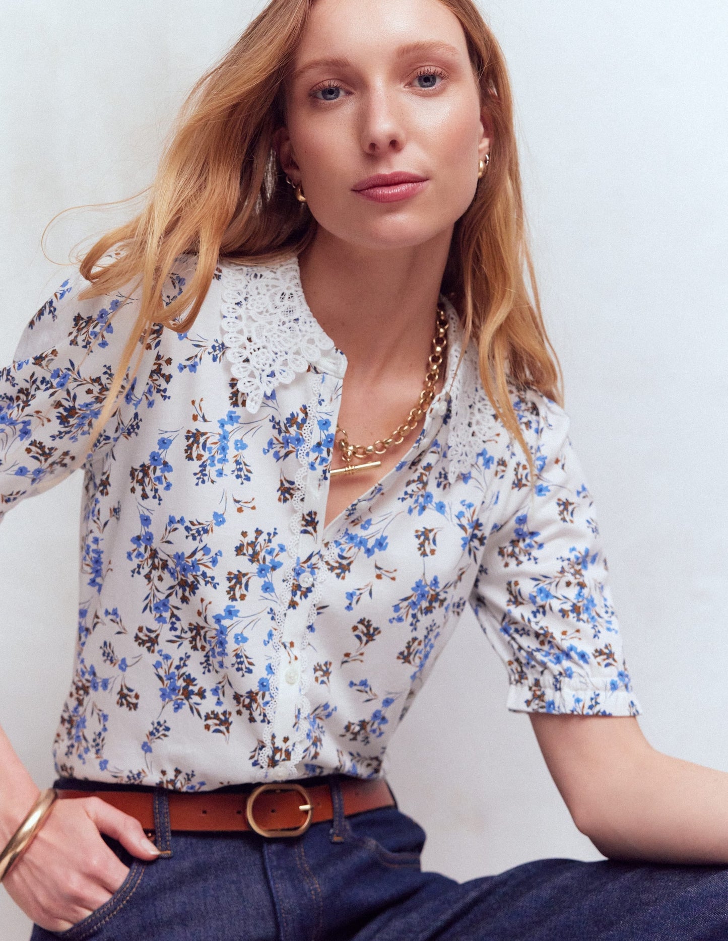 Nessa Broderie Collar Blouse-Ivory, Blue Bloom Scatter
