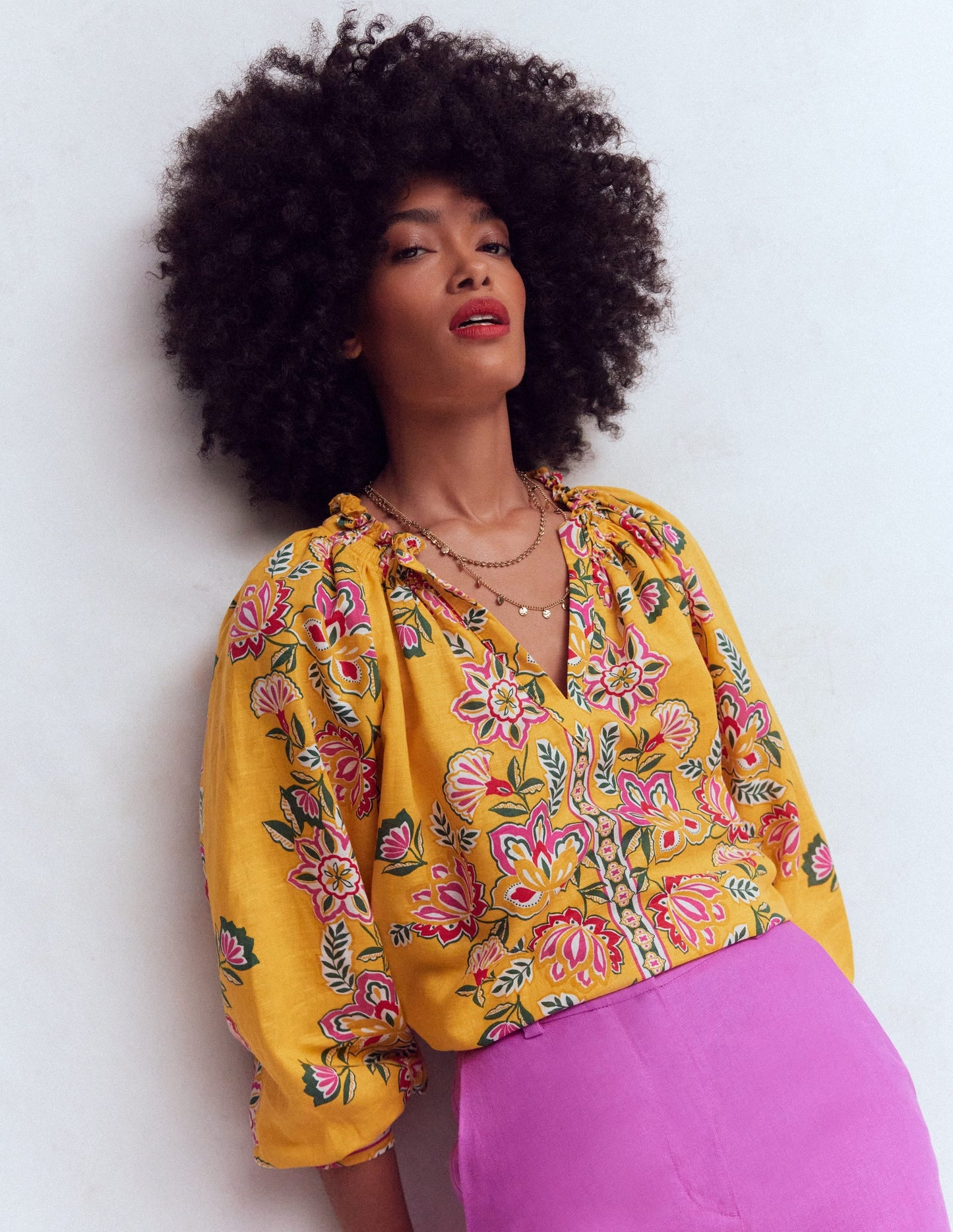 Serena Pleat Neck Linen Top-Marigold, Blossom Elegance