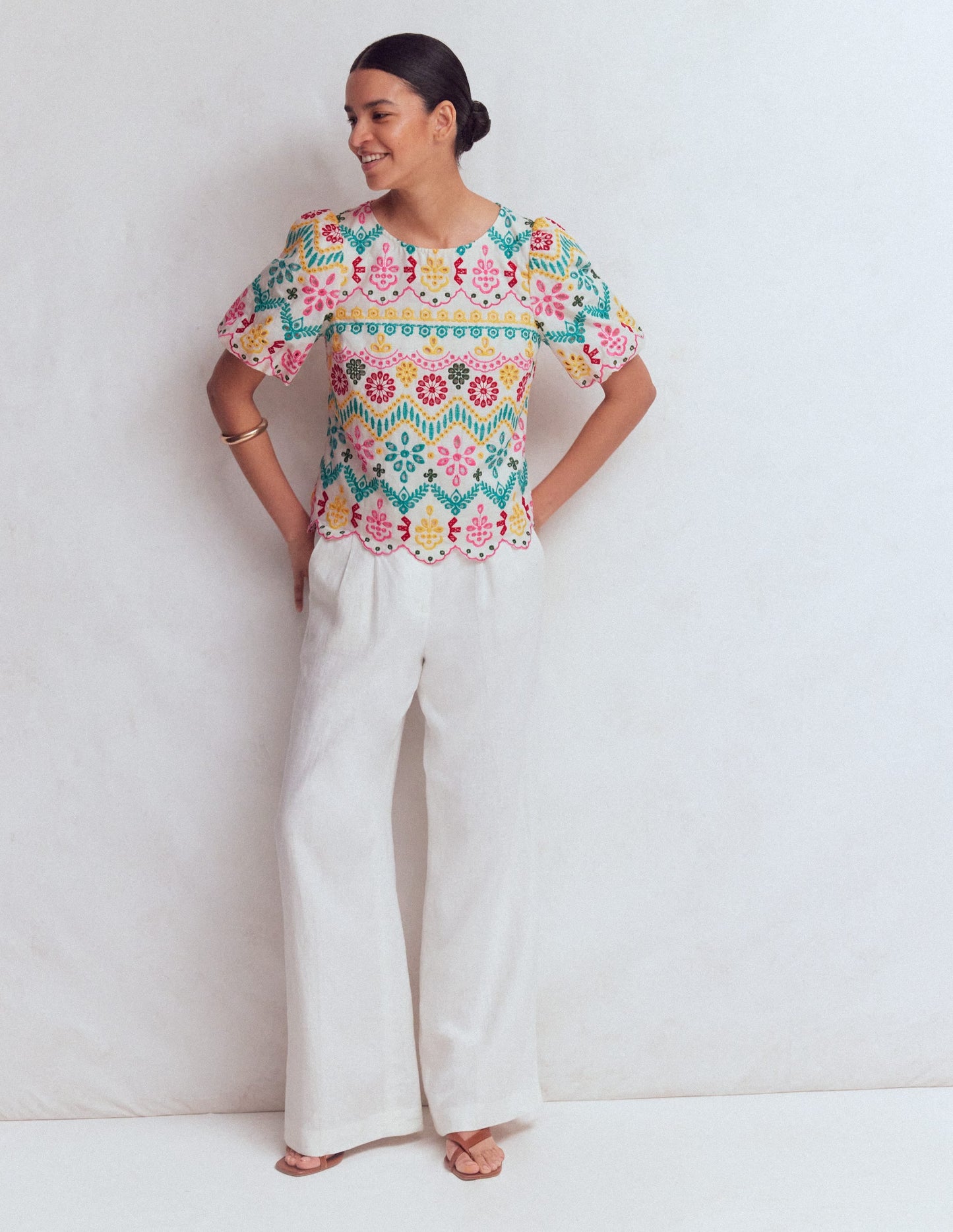 Linen Puff Sleeve Top-Multi Broderie