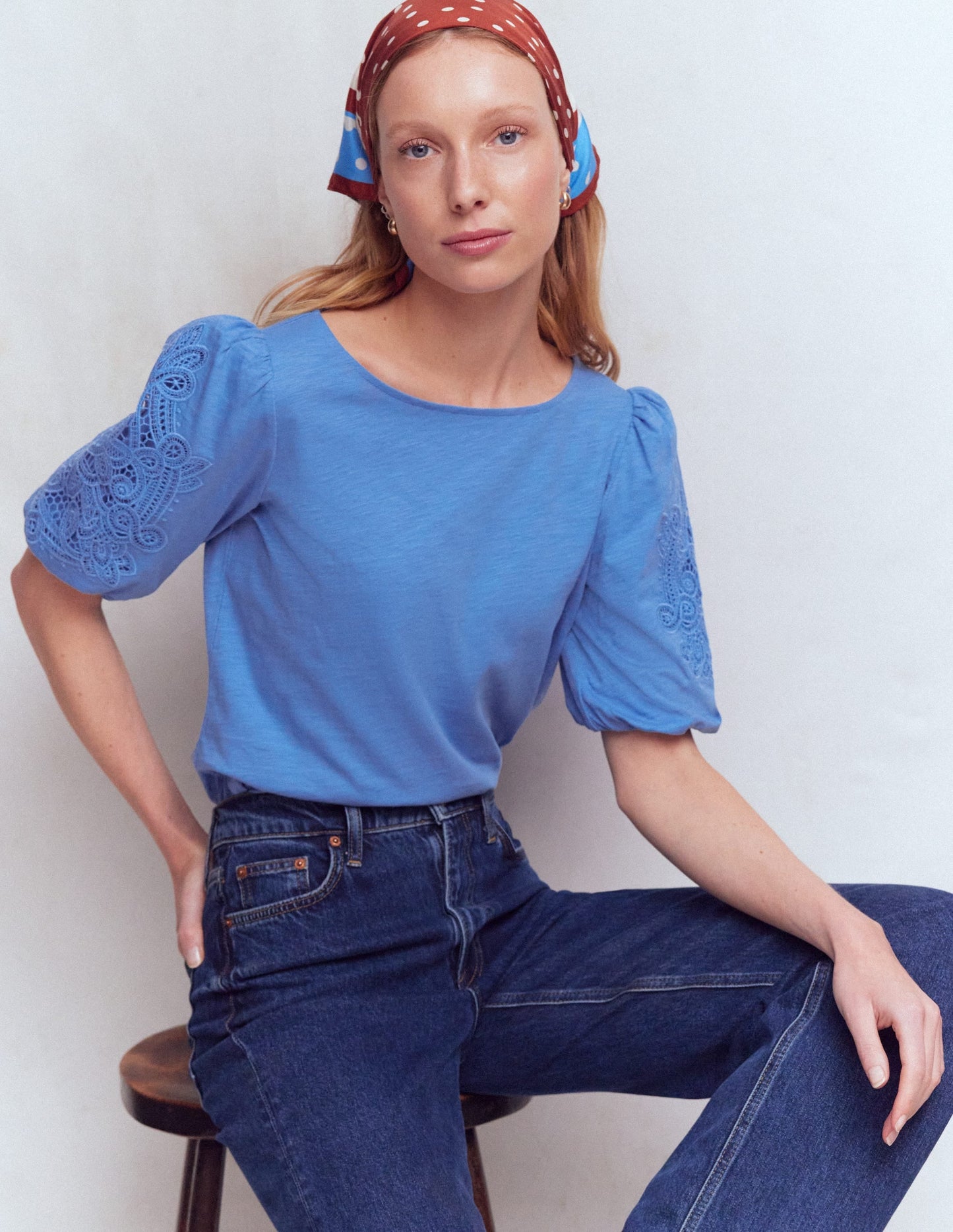 Cutwork Detail Jersey Top-Forget Me Not Blue