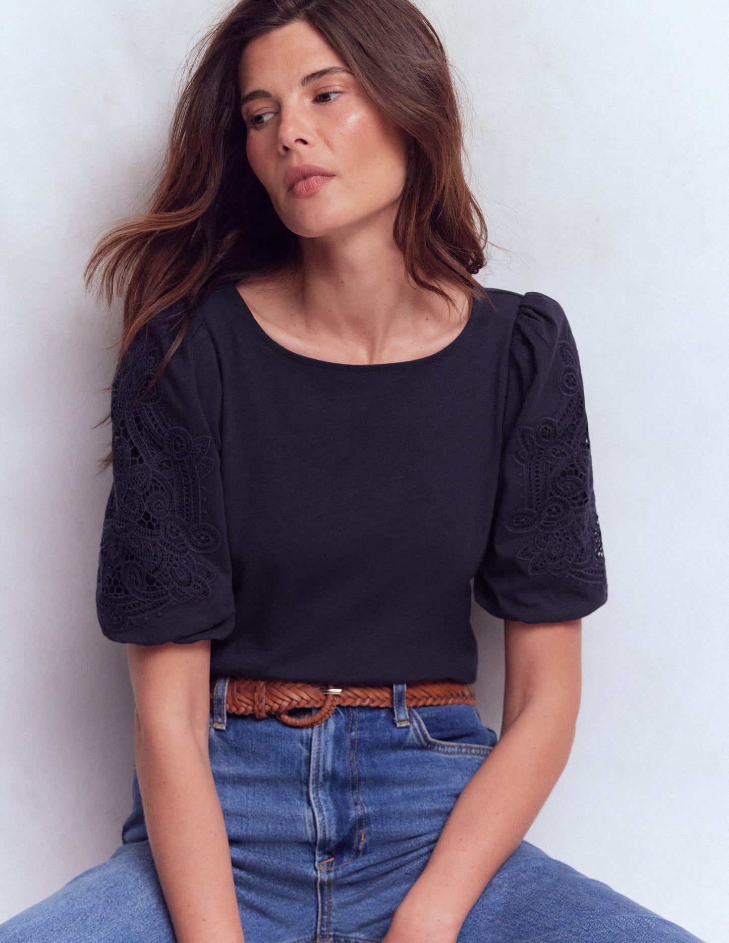 Cutwork Detail Jersey Top-Navy