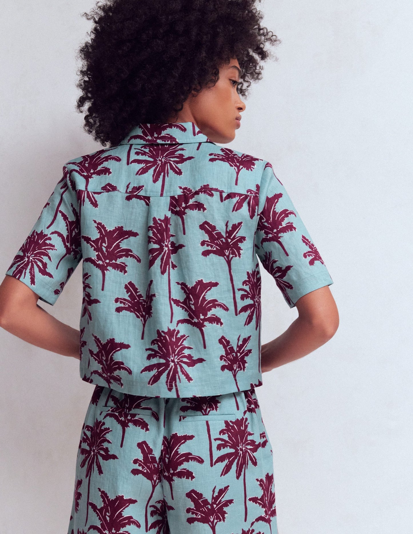 Short Sleeve Linen Shirt-Seamist Blue, Palm Paradise