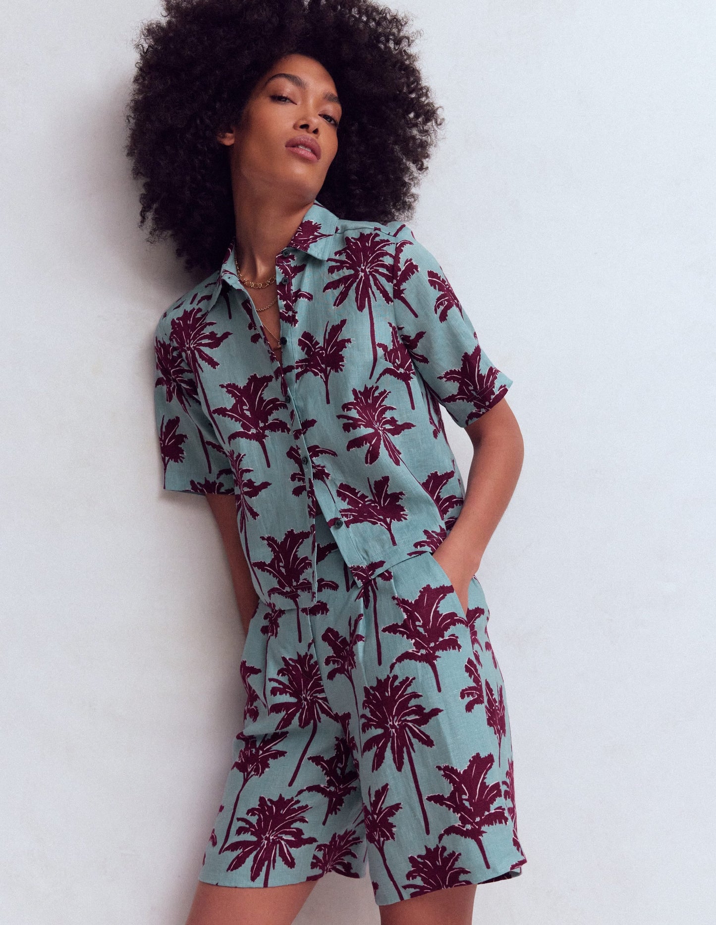 Short Sleeve Linen Shirt-Seamist Blue, Palm Paradise
