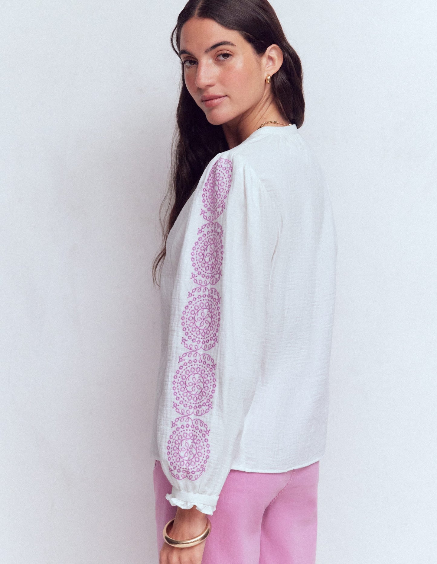 Camille Double Cloth Top-White Embroidery