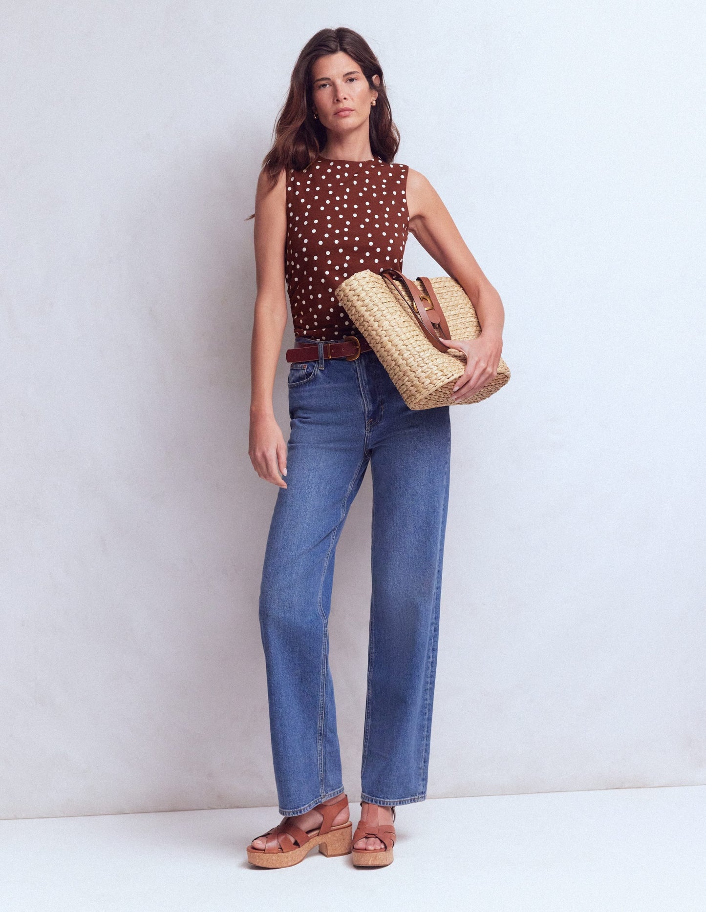 Tia Sleeveless Ruch Jersey Top-Bitter Chocolate & Ivory Spot
