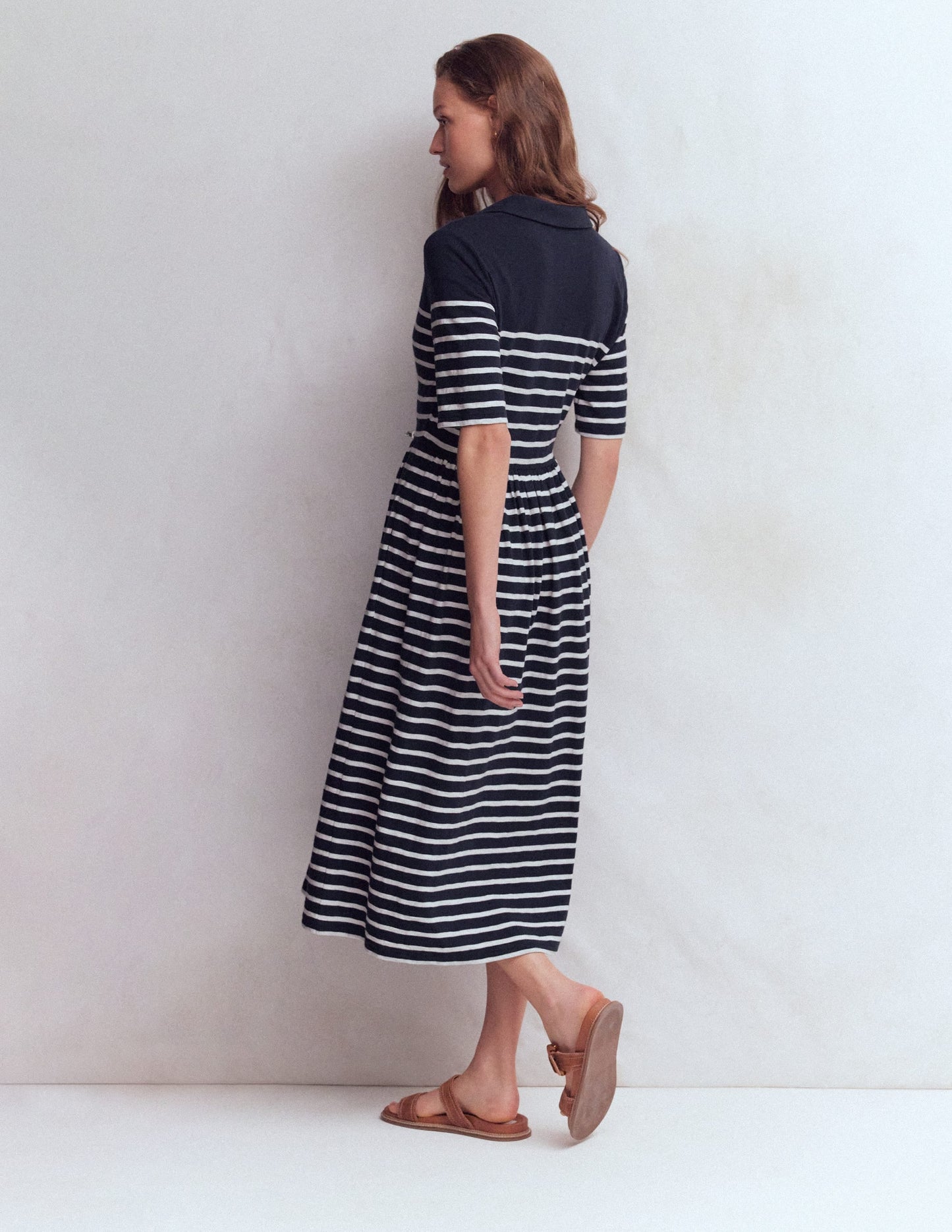 Aria Collared Jersey Dress-Navy, Ivory Stripe