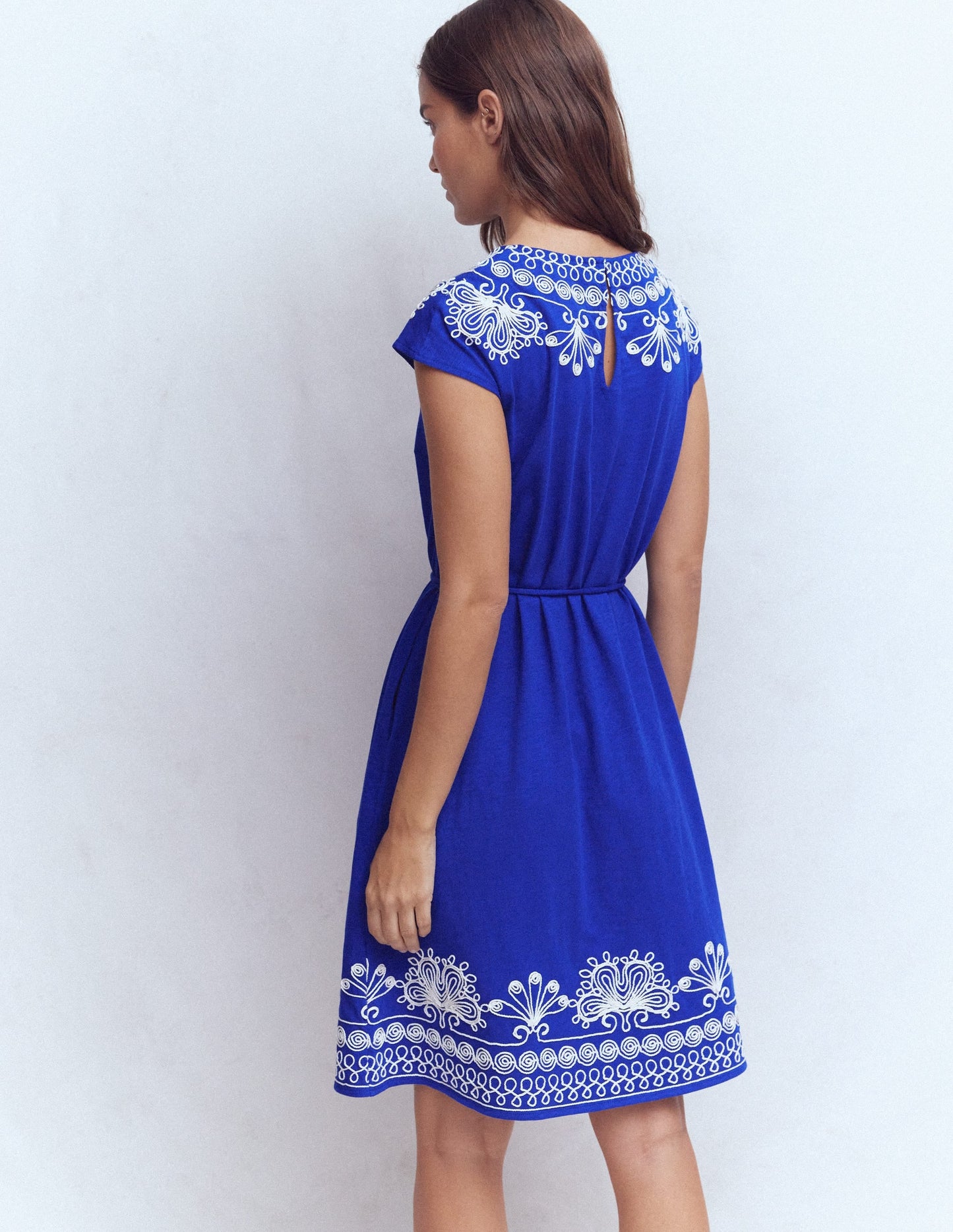 Embroidered Jersey Short Dress-Bright Blue
