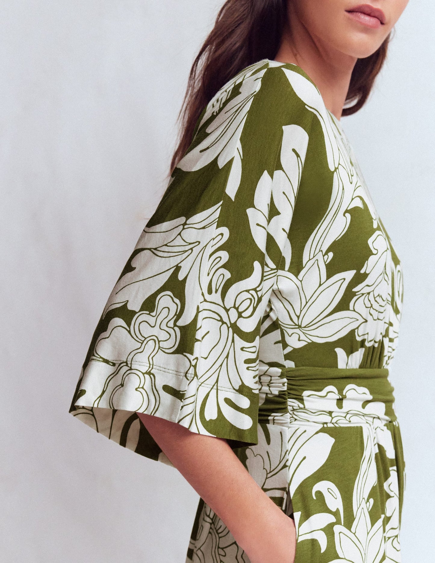 Imelda Kimono Jersey Dress-Olive, Botanical Flourish Mono