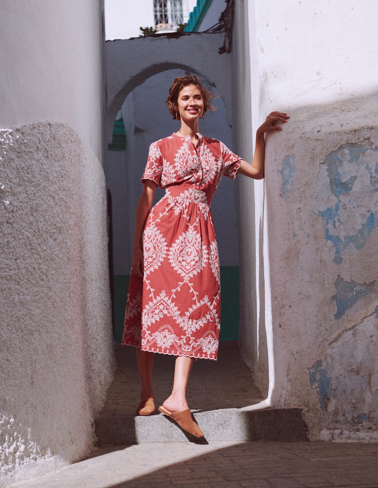 Ivy Button Cotton Midi Dress-Rust Embroidery