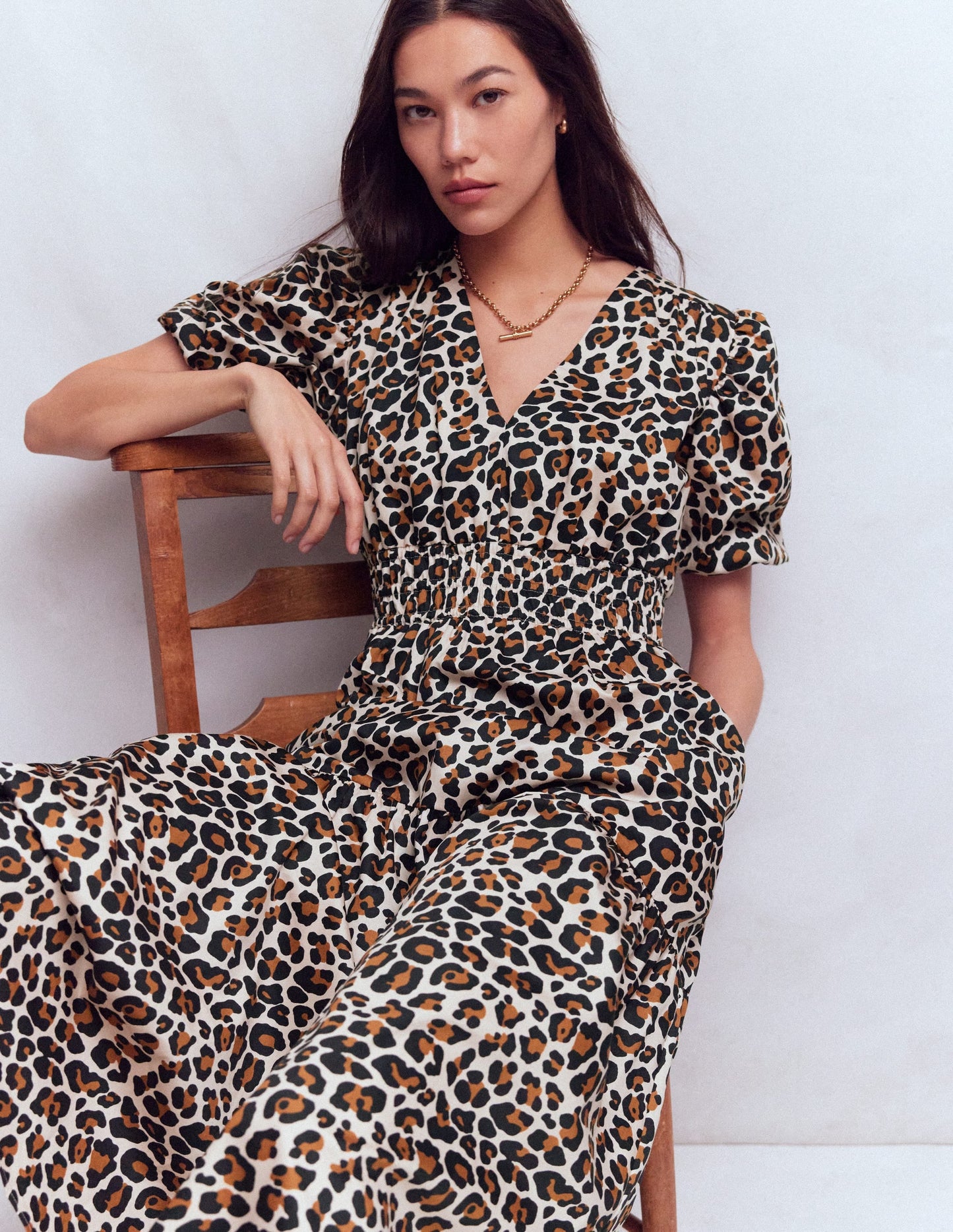 Irene Puff Sleeve Cotton Dress-Almond Milk, Cheetah Pop