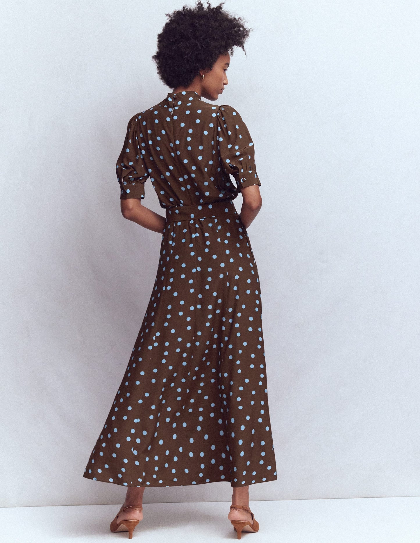 High Neck Belted Dress-Raw Umber, Painted Dot