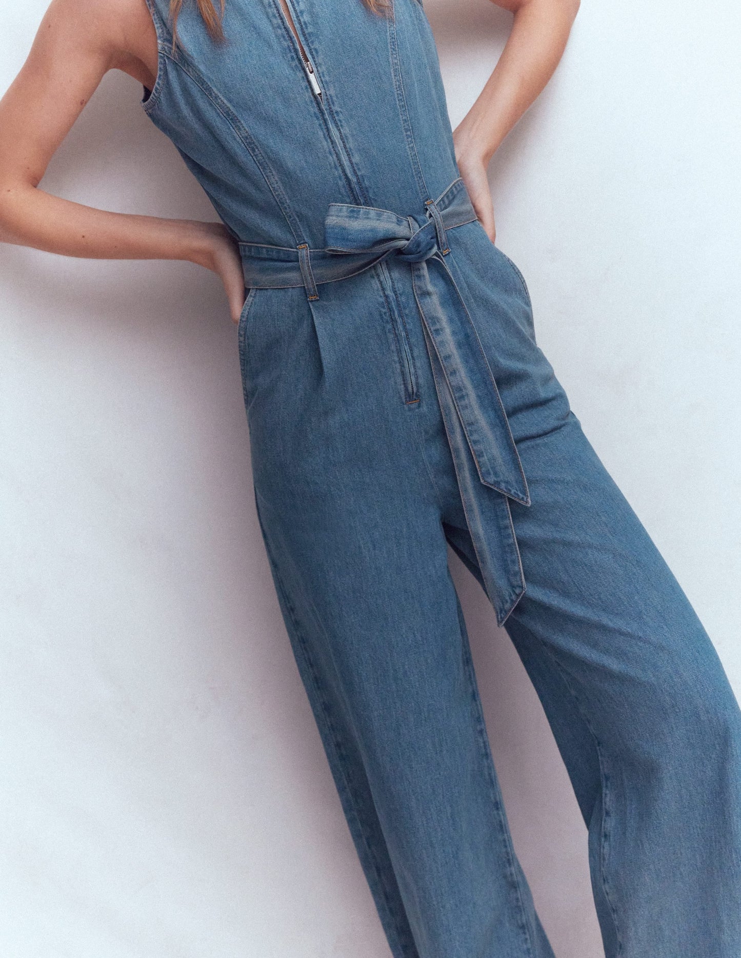 Sleeveless Denim Jumpsuit-Mid Vintage Wash