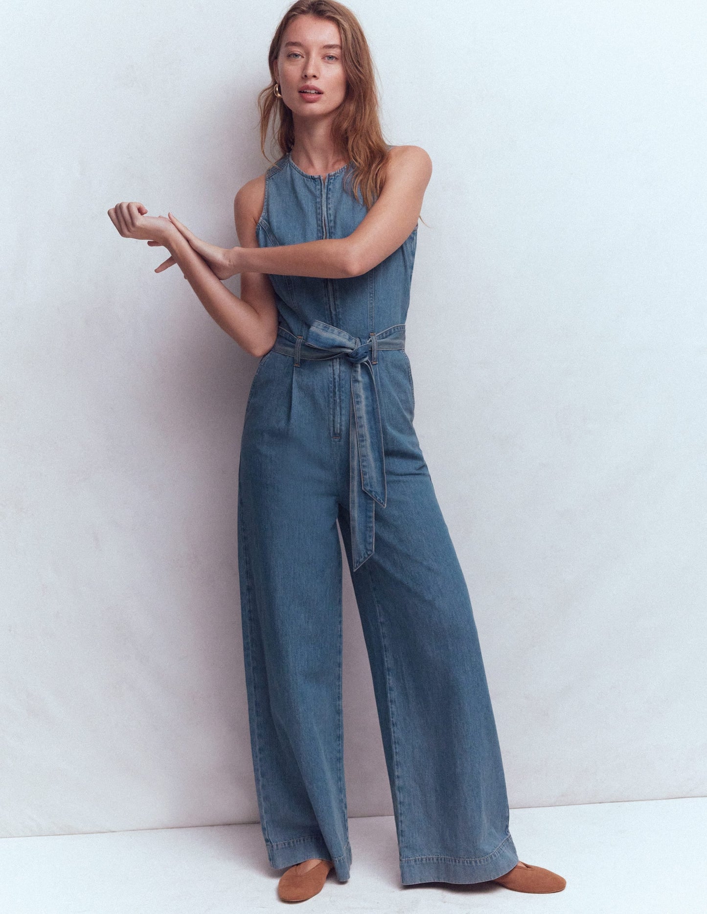 Sleeveless Denim Jumpsuit-Mid Vintage Wash