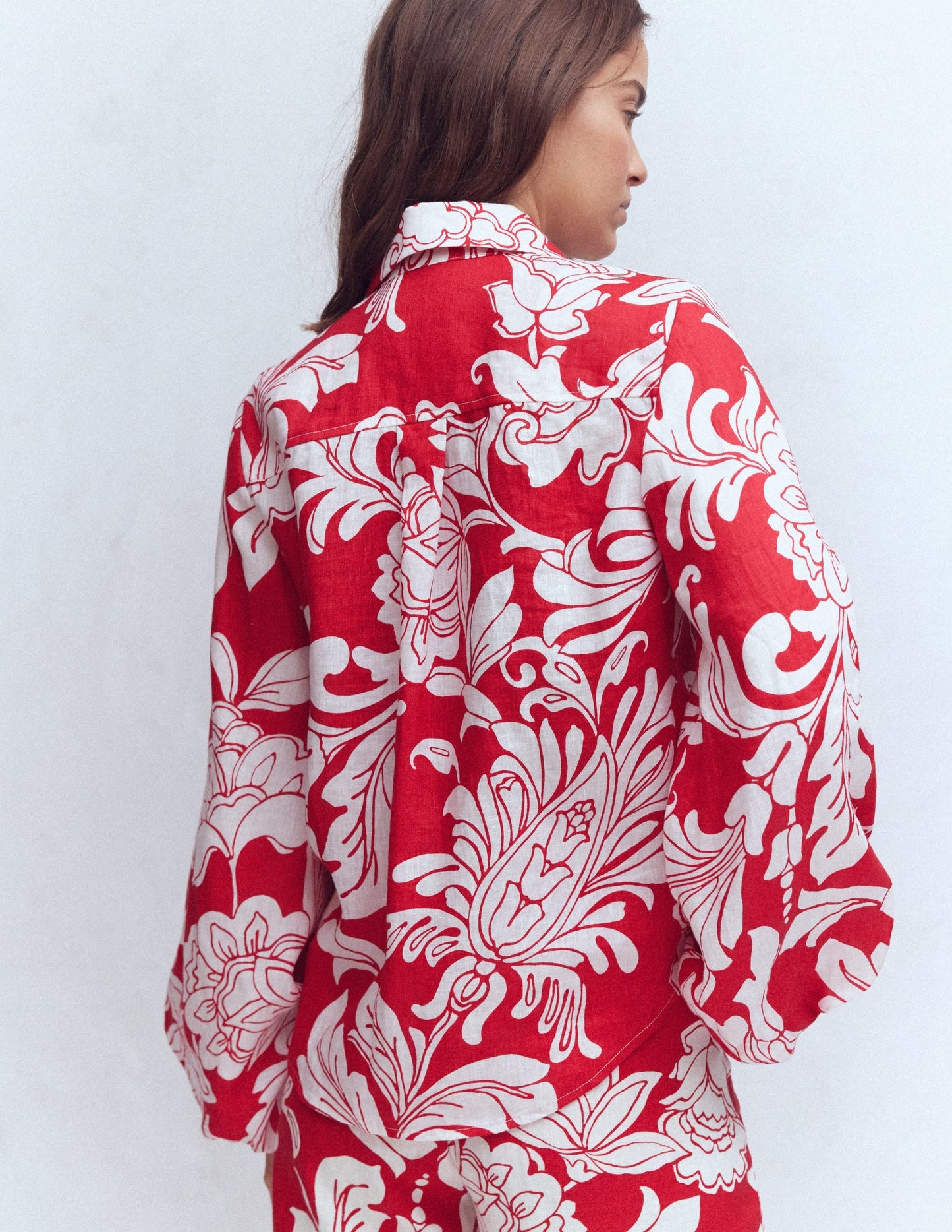 Puff Sleeve Linen Shirt-Merida Red, Botanical Flourish