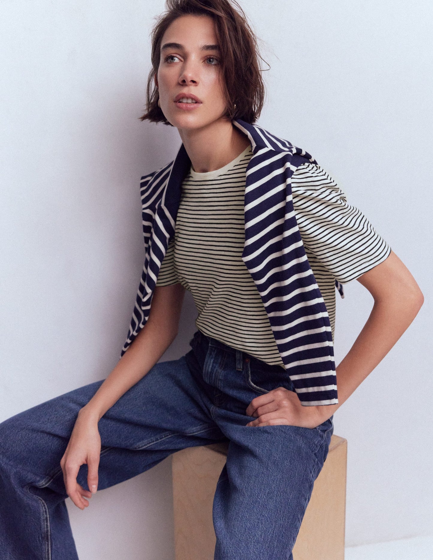 Sophie Puff Sleeve T-shirt-Navy and Ivory Stripe