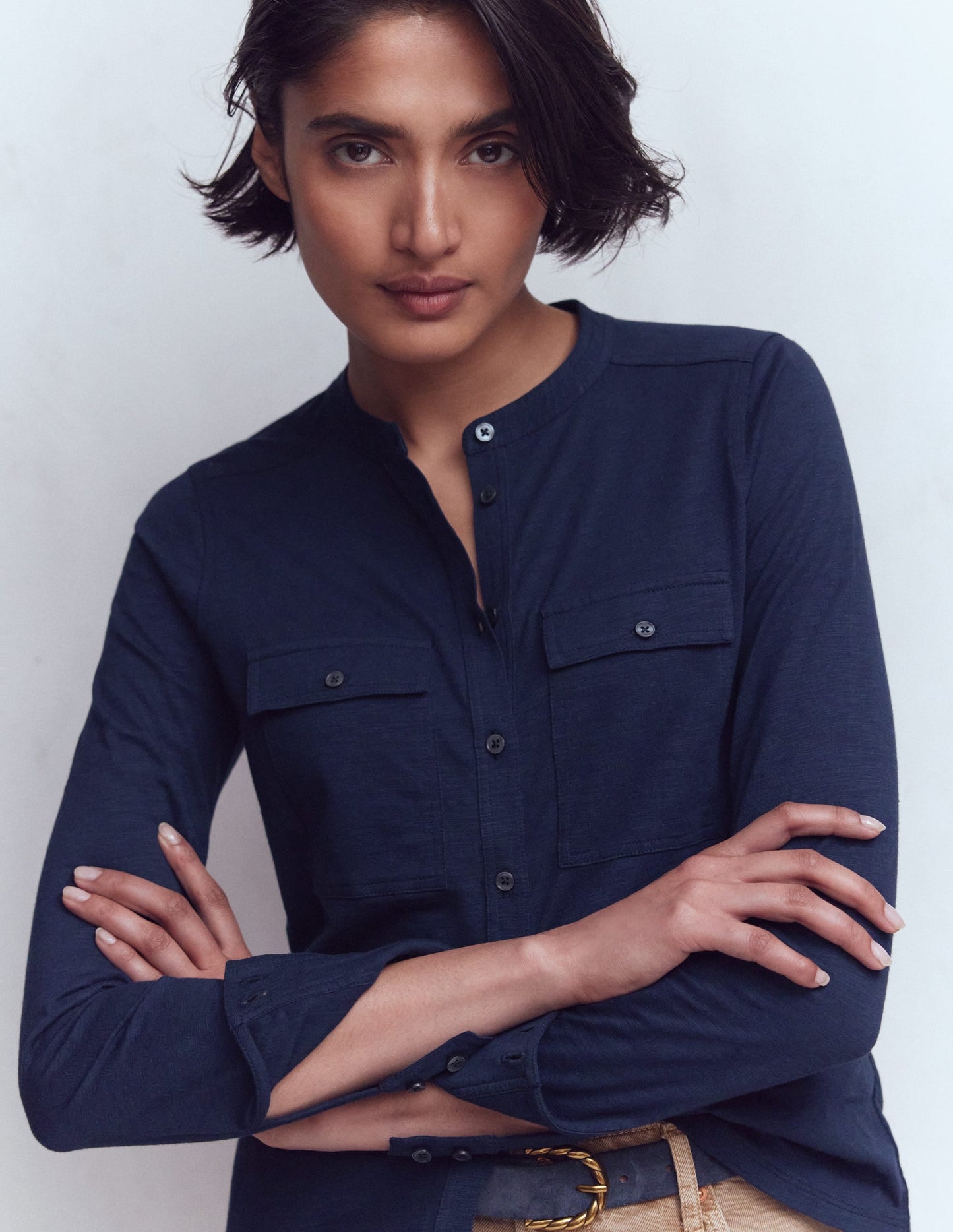 Topstitched Pocket Shirt-Navy