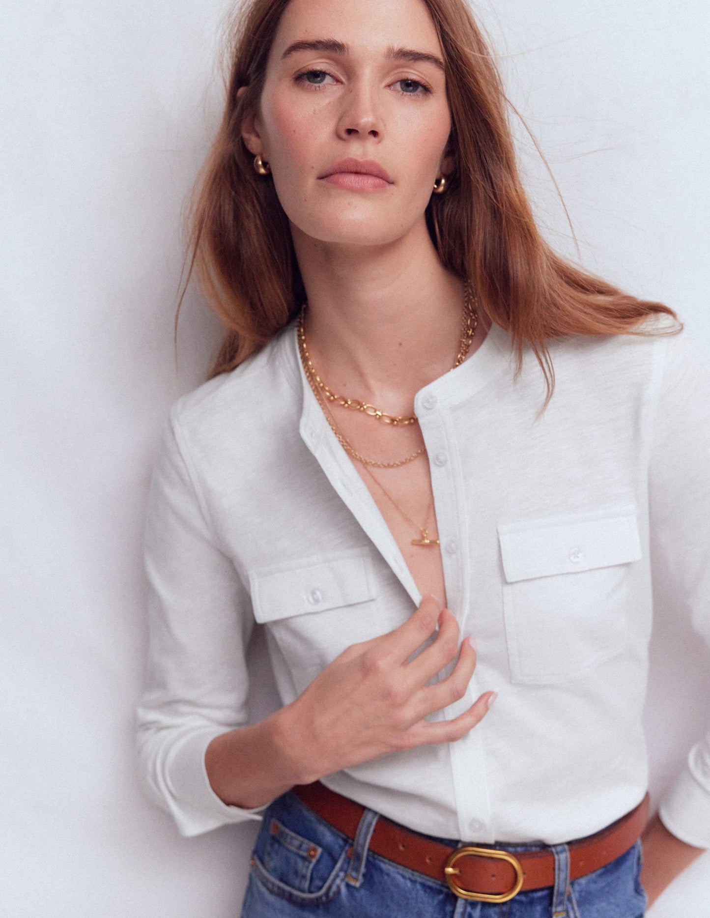 Topstitched Pocket Shirt-White