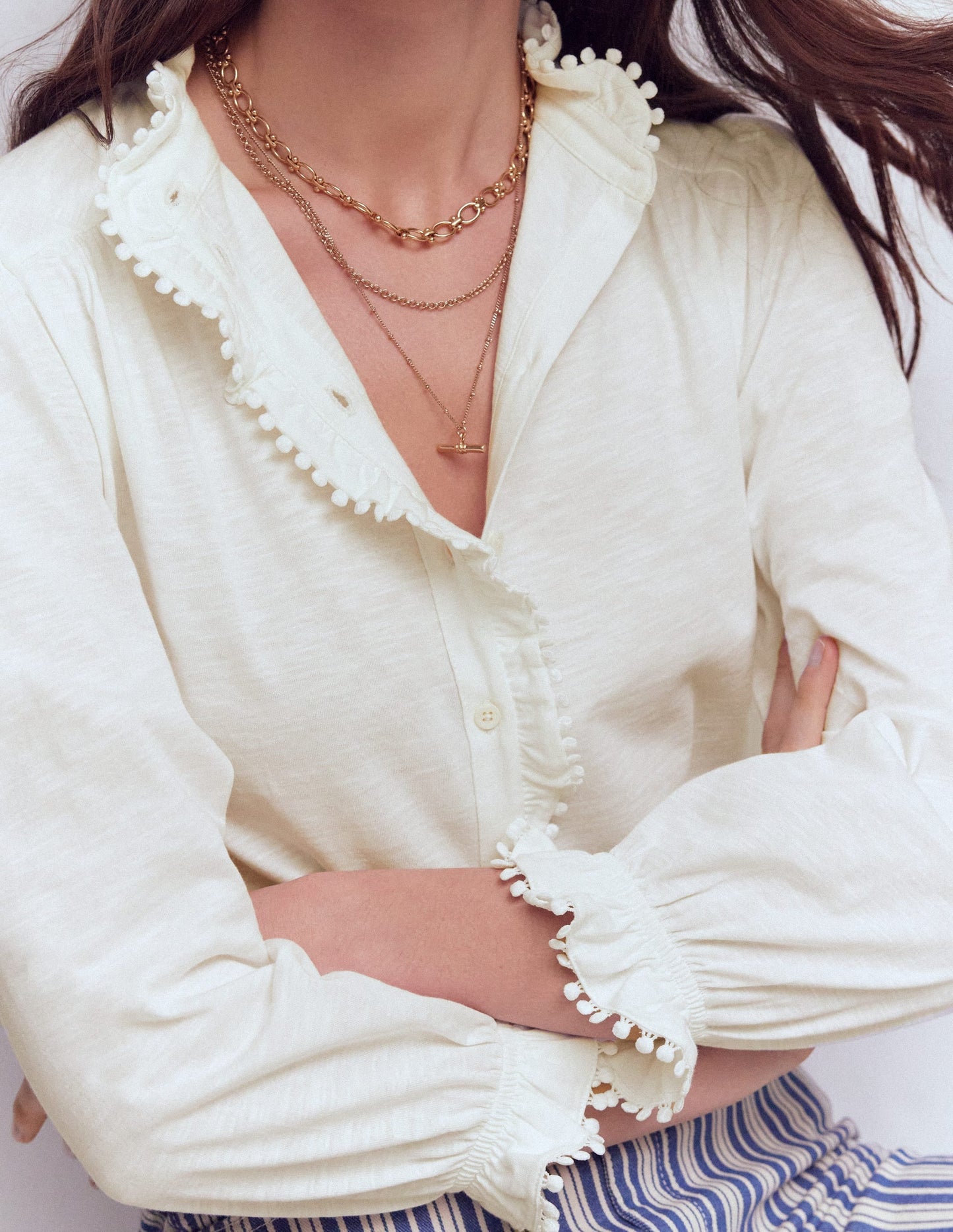 Emily Pom Trim Ruffle Shirt-Ivory