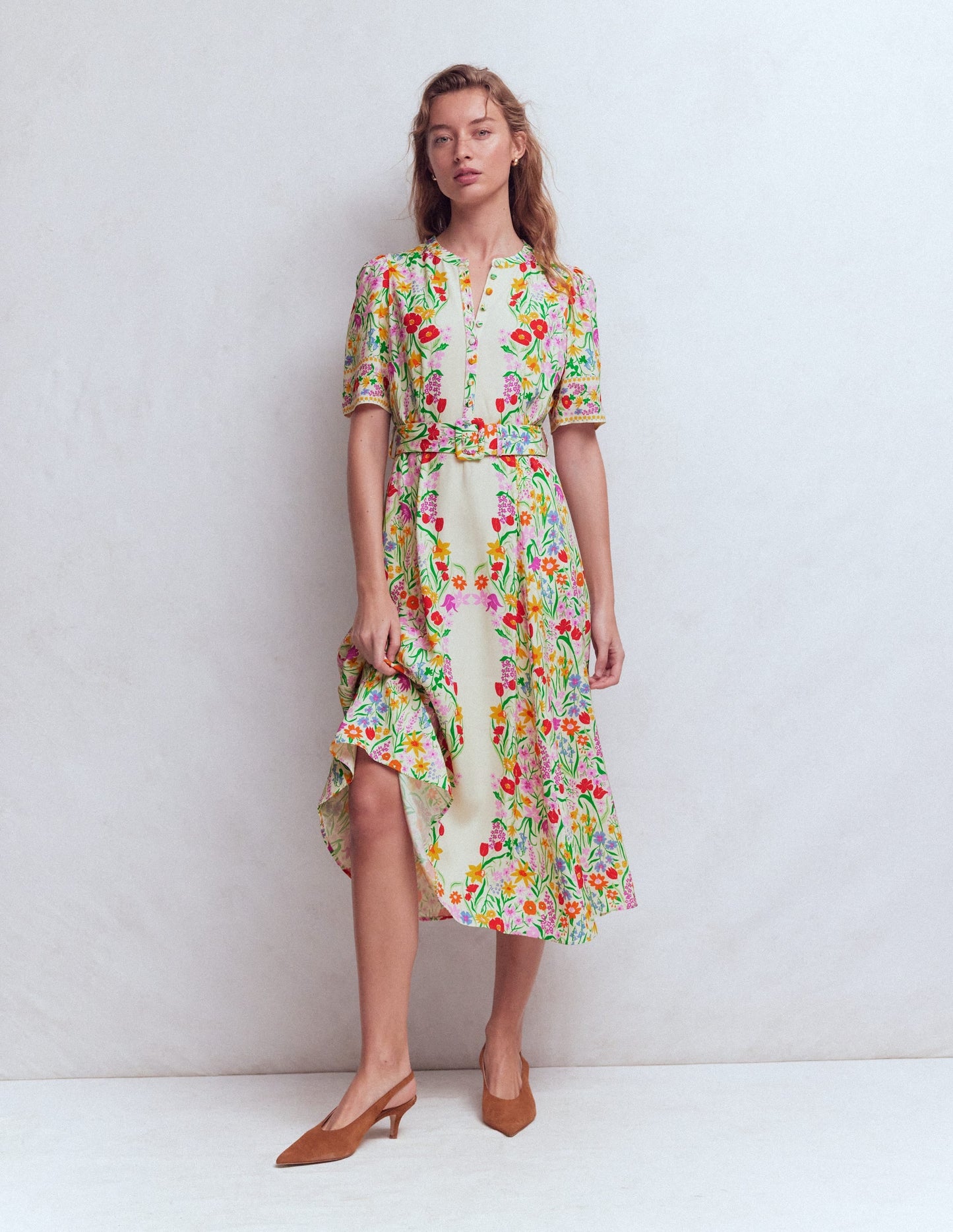 Kate Puff Sleeve Belted Dress-Ivory, Elegant Garden