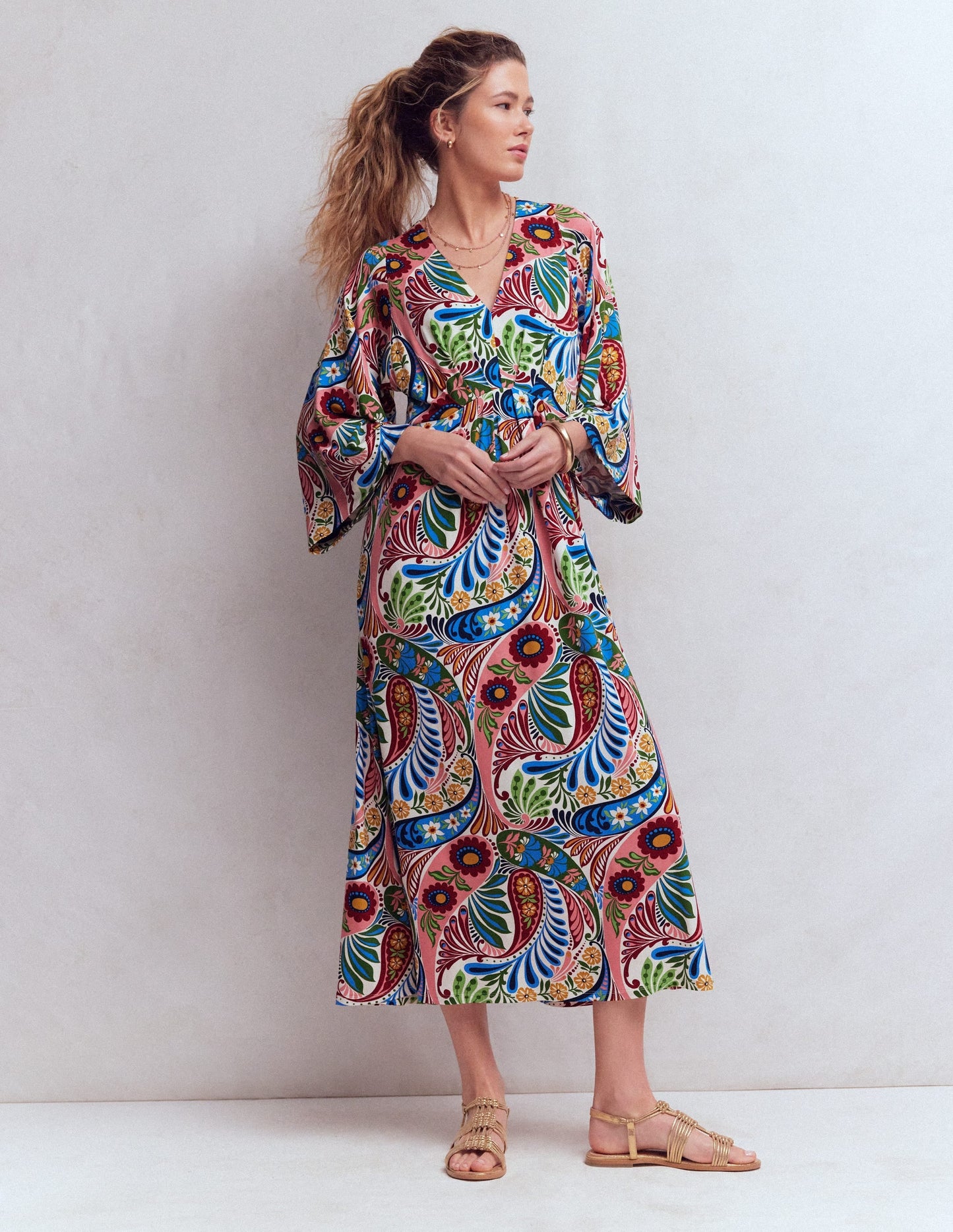 Nell Kimono Midi Jersey Dress-Multi, Enchanted Paisley