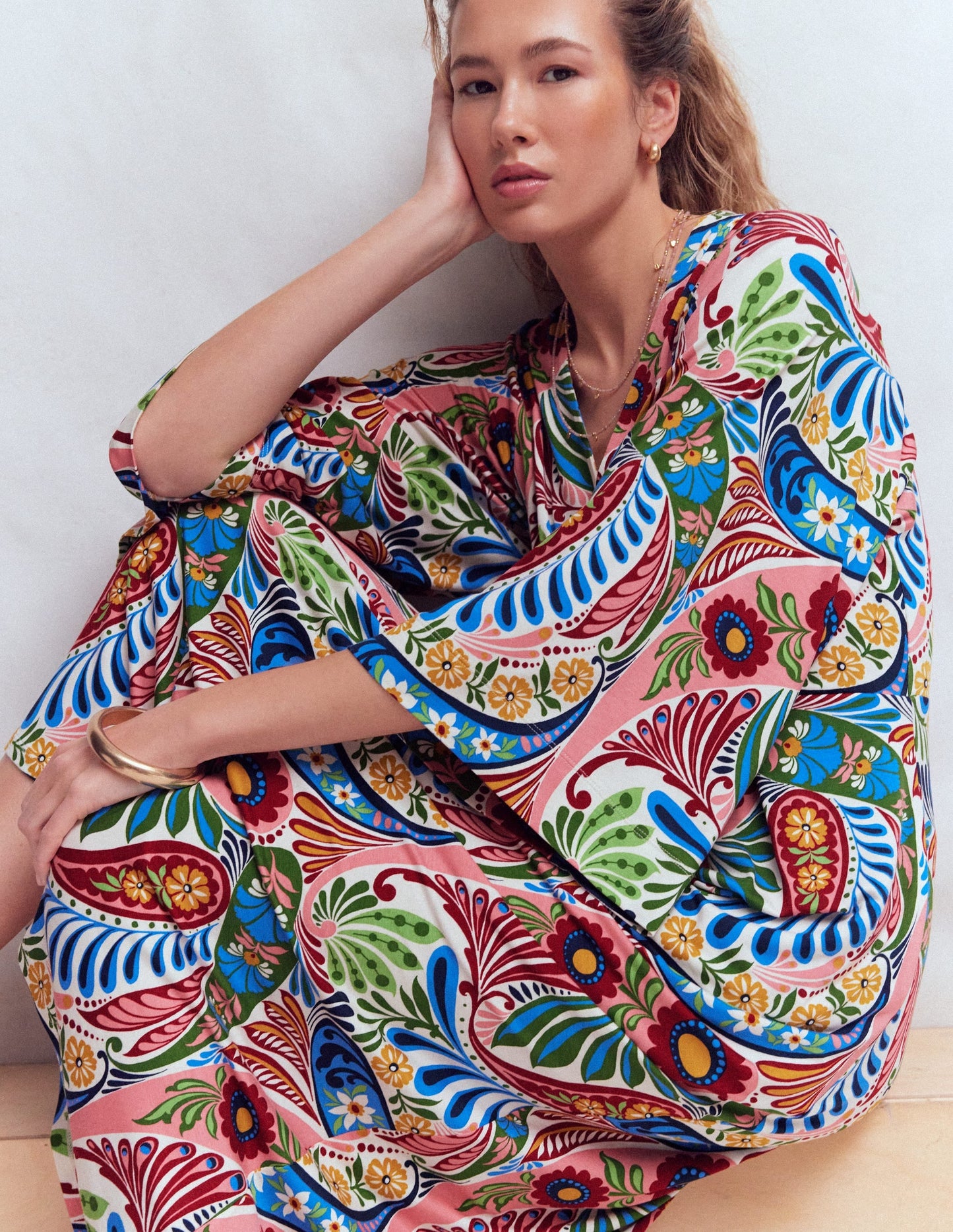 Nell Kimono Midi Jersey Dress-Multi, Enchanted Paisley