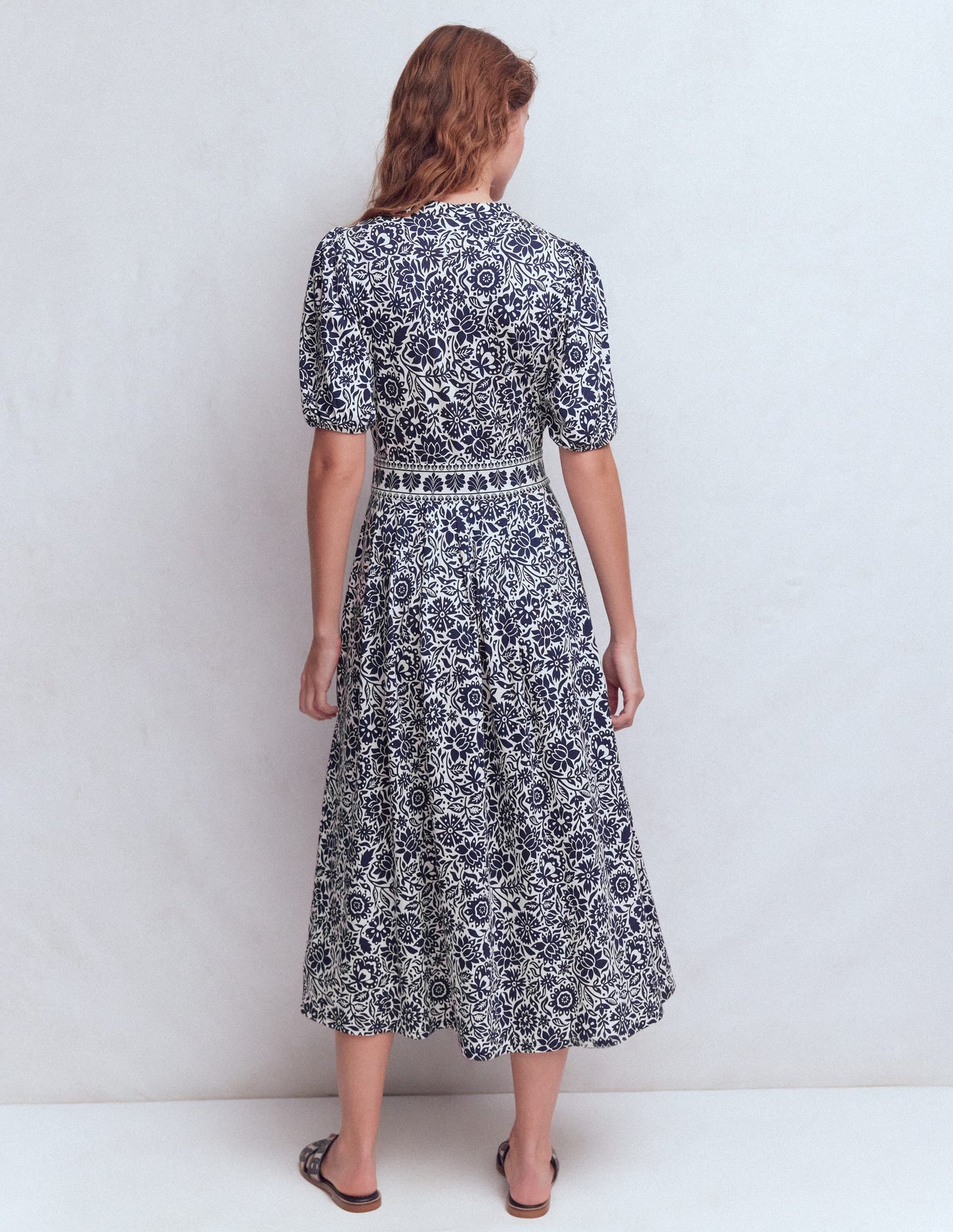 Amber Pleat Jersey Midi Dress-Navy, Meadow Scatter