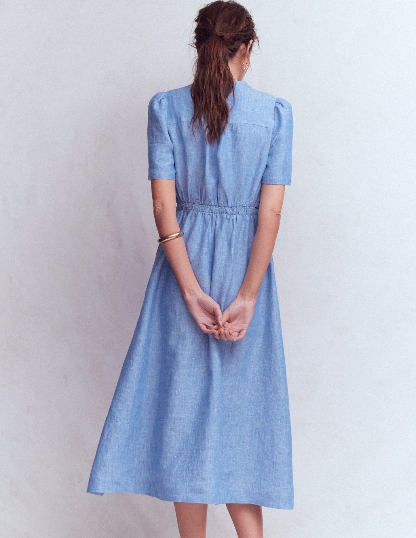 Ivy Button Linen Midi Dress-Summer Blue Chambray