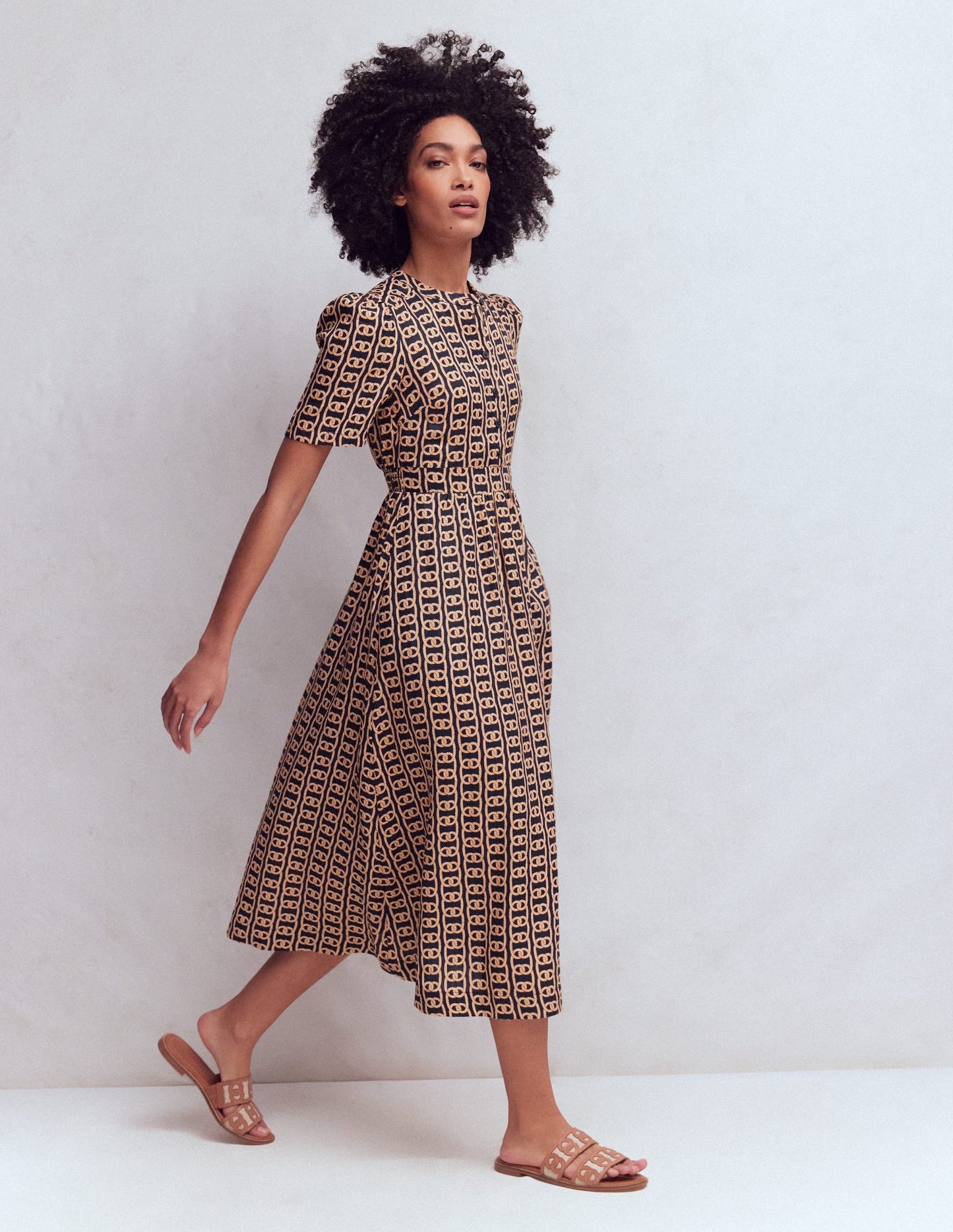 Ivy Button Linen Midi Dress-French Navy, Rope Trellis